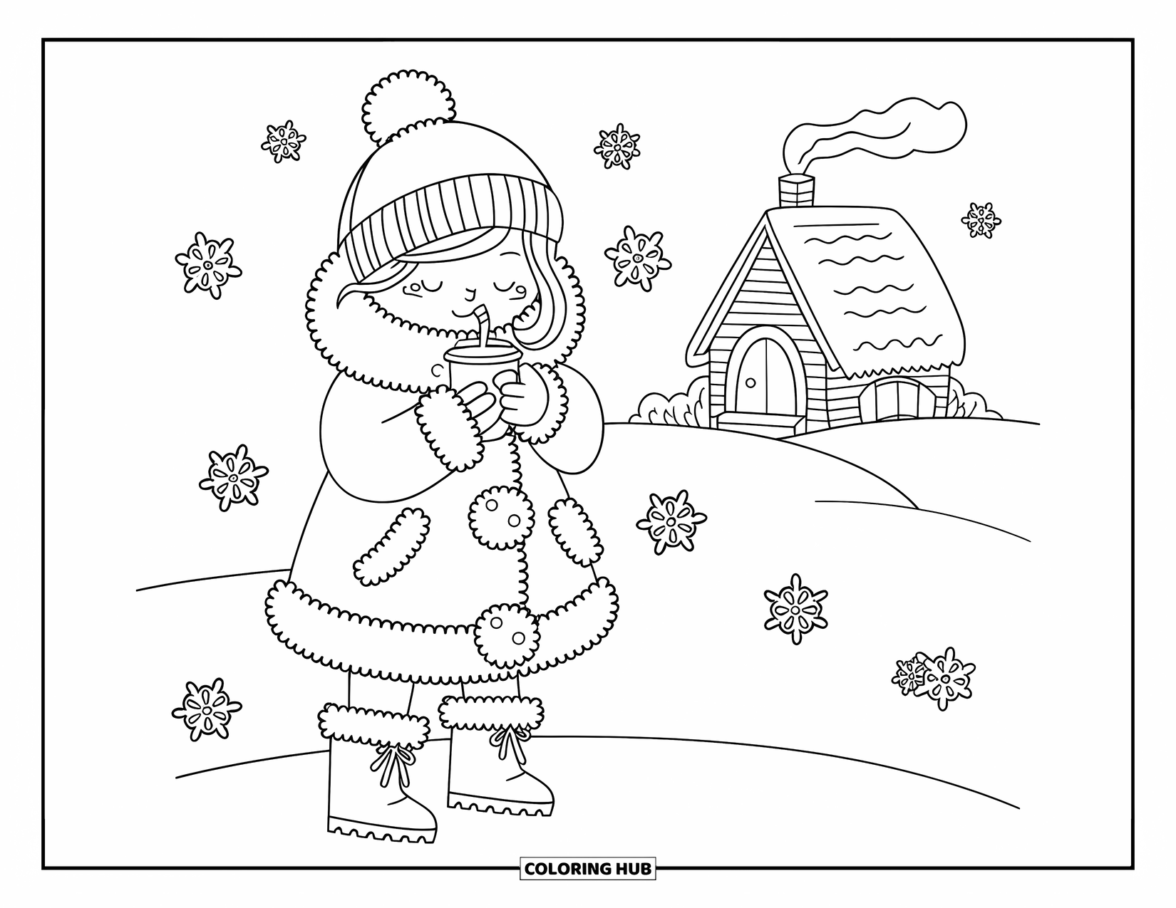 Disegno da colorare di moda per adulti: una ragazza imbacuccata che si gode una giornata nevosa, con minuscoli fiocchi di neve a forma di cuore che cadono