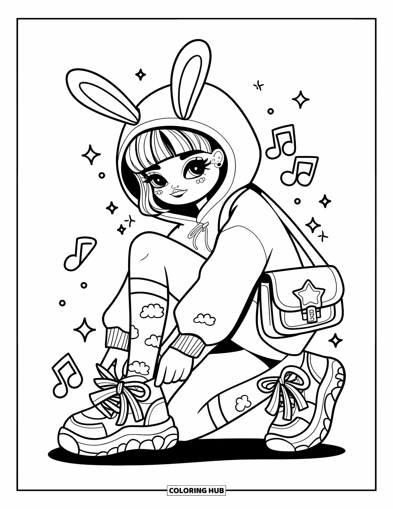 Disegno da colorare di moda per adulti: una ragazza chic con una simpatica felpa con cappuccio e pantaloncini, in piedi con la sua cartella con fibbia a stella