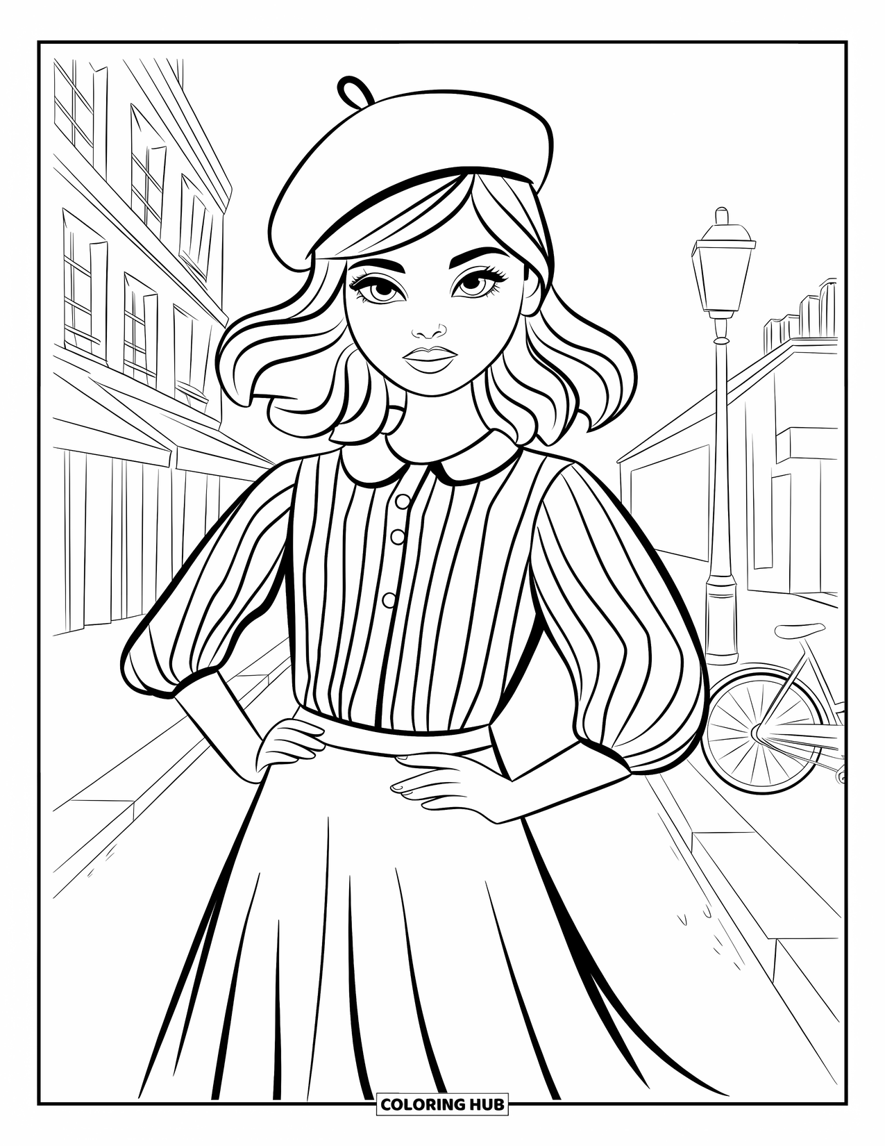 Disegno da colorare di moda per adulti: una ragazza parigina chic con un berretto e una camicetta a righe, che passeggia per la città