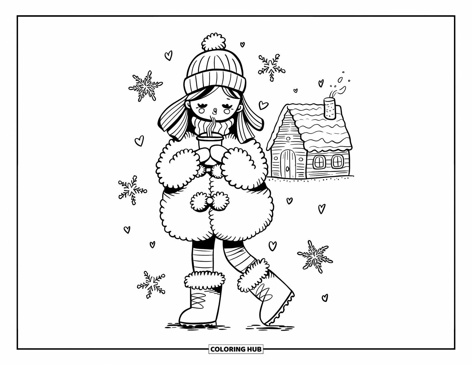 Disegno da colorare di moda per adulti: una scena invernale accogliente con una ragazza in un cappotto soffice, che sorseggia una bevanda calda