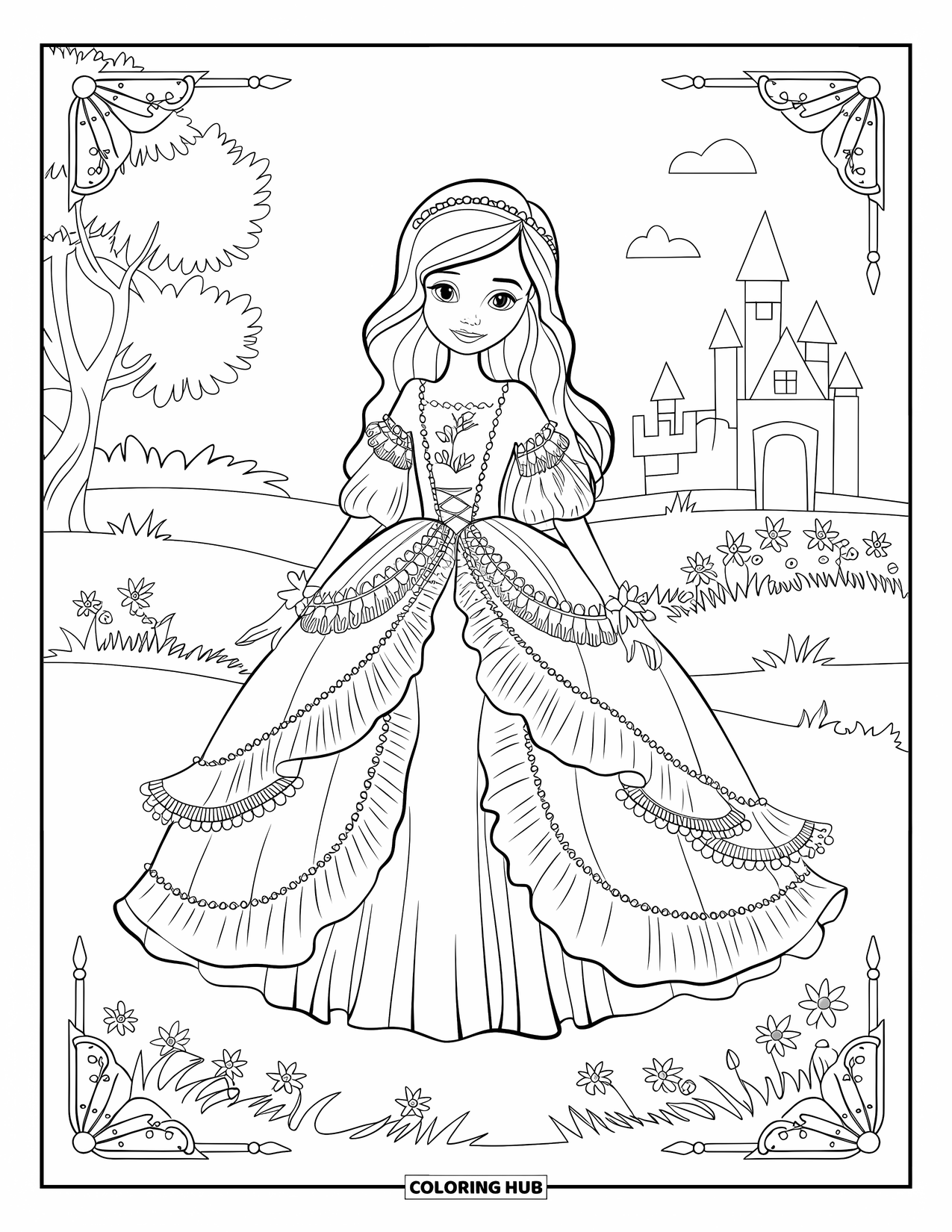 Disegno da colorare di moda per adulti: una ragazza sognante in un abito di pizzo, con un castello in lontananza