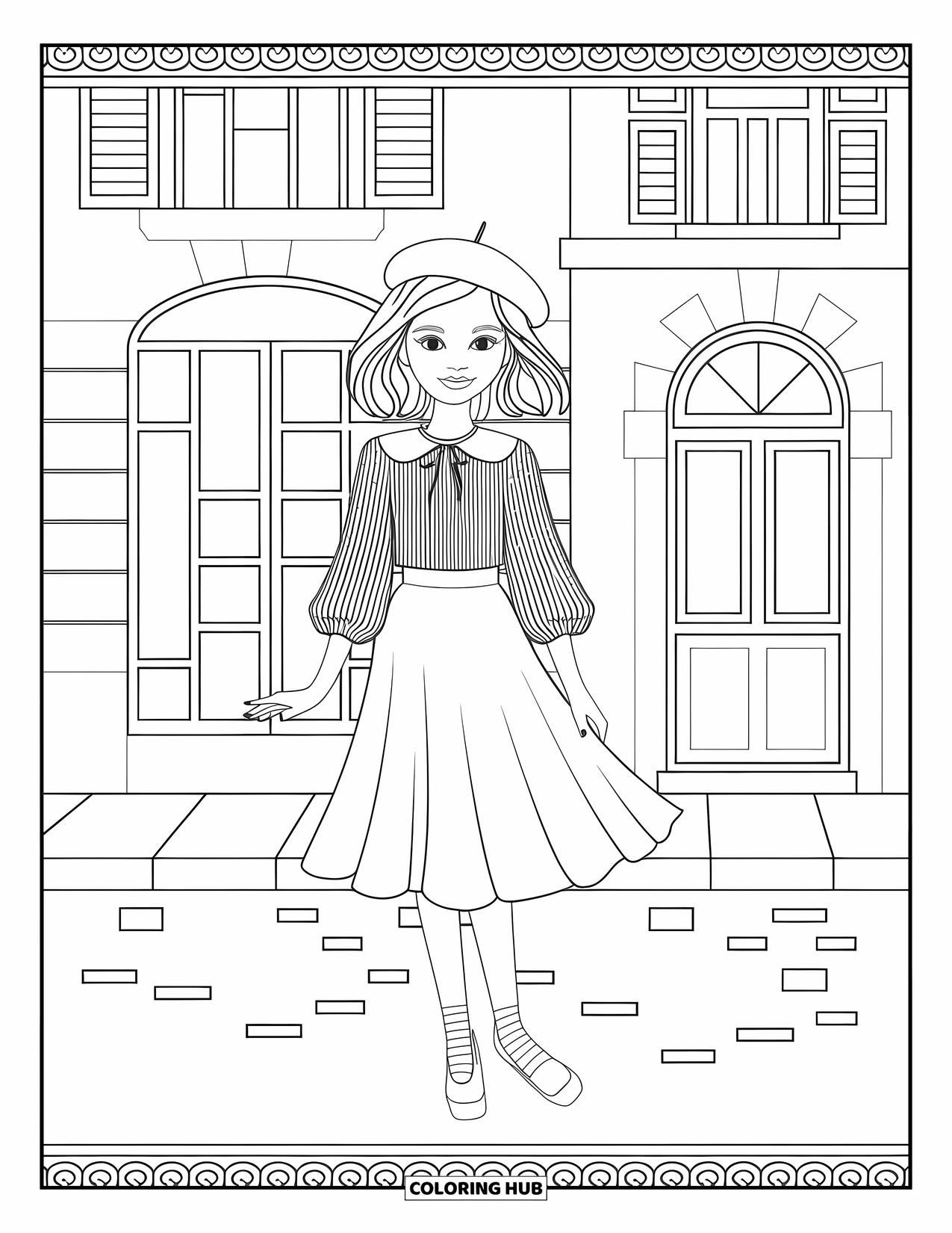 Disegno da colorare di moda femminile per adulti: una ragazza alla moda in un abito parigino, in piedi su una strada acciottolata