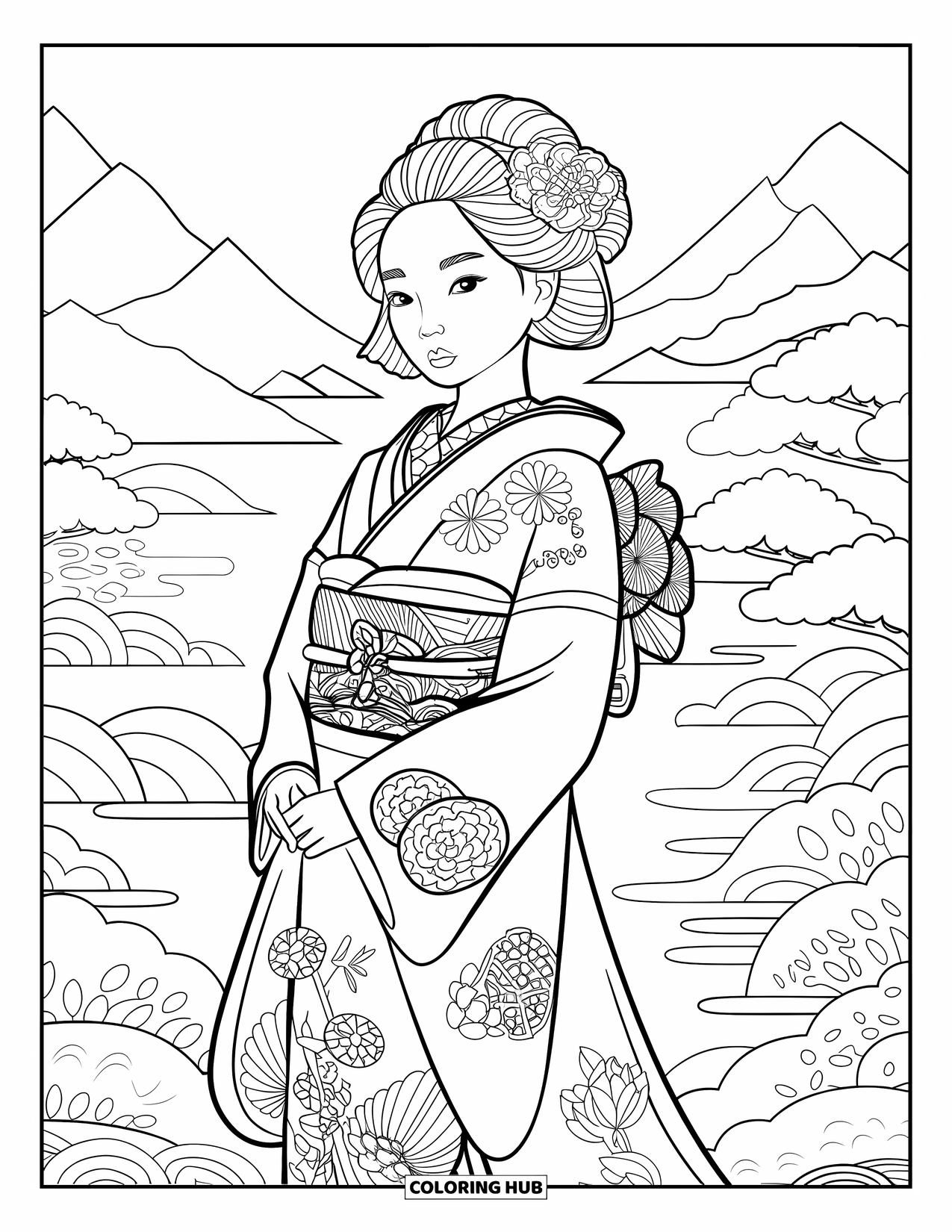 Disegno da colorare di moda femminile per adulti: una ragazza in kimono con fiori di ciliegio, in piedi su uno sfondo tranquillo