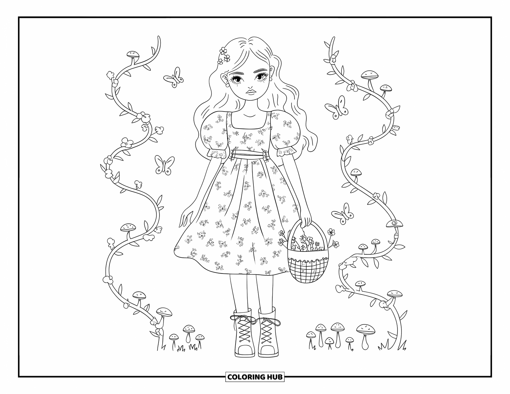 Disegno da colorare di moda per adulti: una ragazza in un abito con maniche a sbuffo con clip floreali, circondata da viti e farfalle