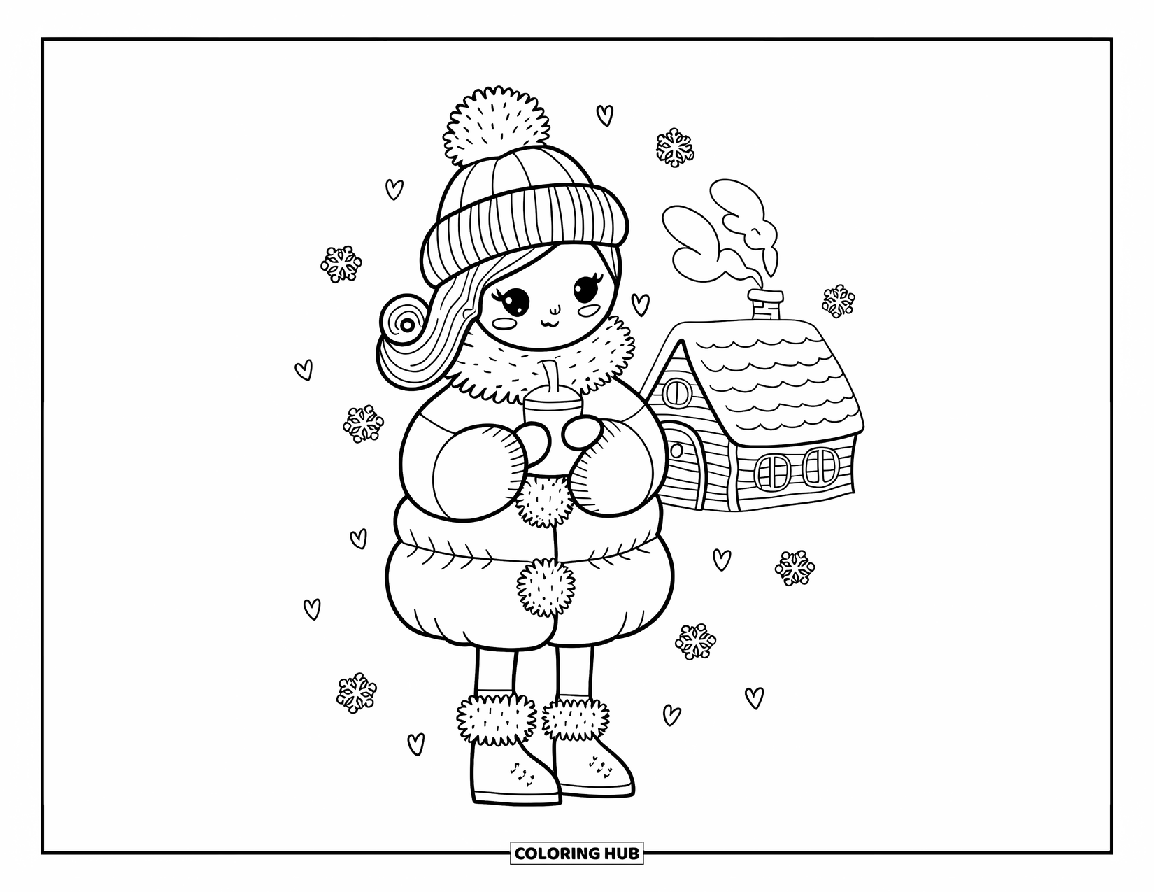 Disegno da colorare di moda femminile per adulti: una ragazza in abito invernale che tiene in mano una bevanda calda, con un'accogliente baita sullo sfondo