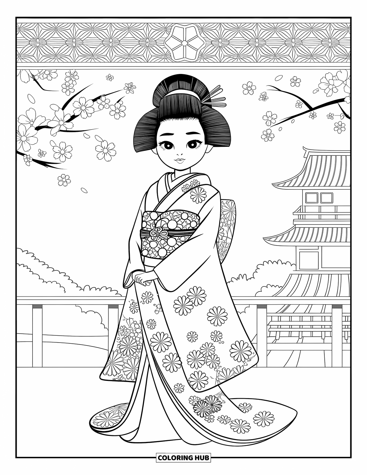 Disegno da colorare di moda per adulti: una ragazza in un kimono ornato con motivi floreali, in piedi su una piattaforma di legno