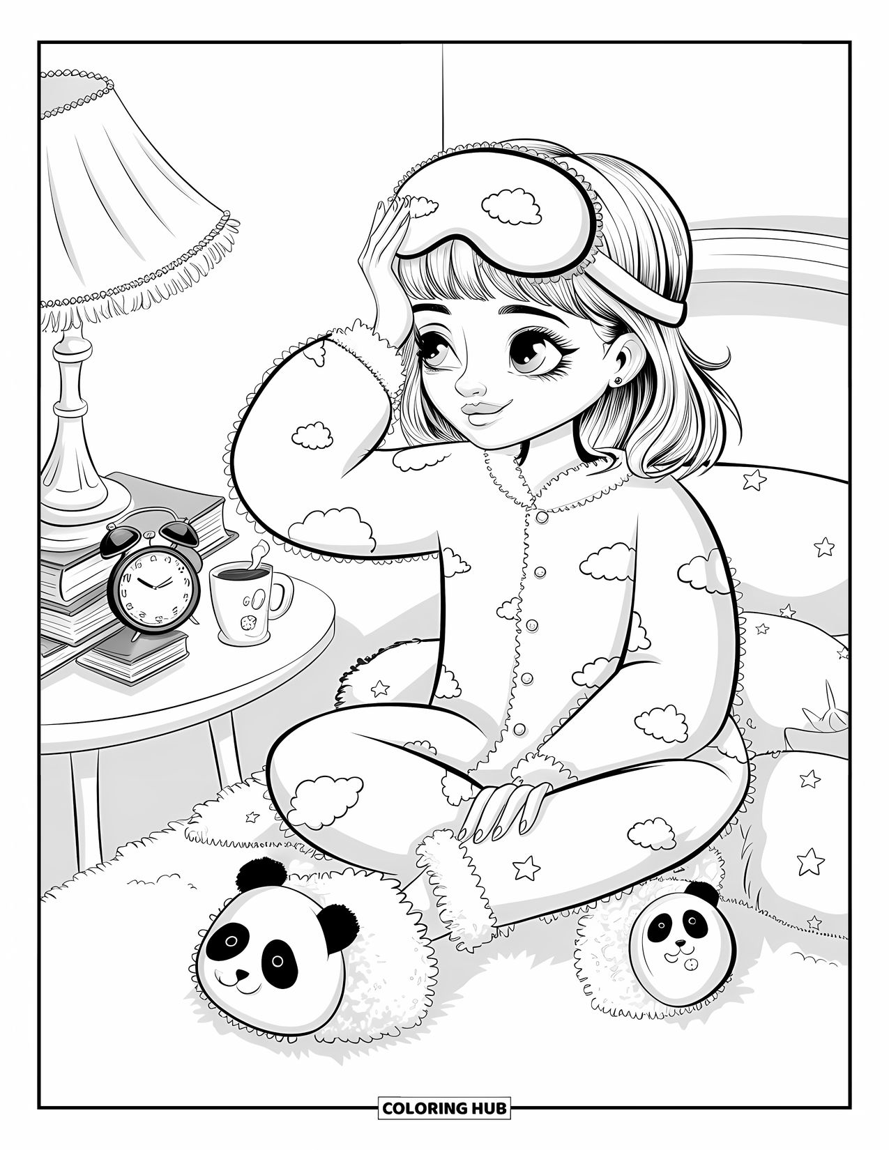 Disegno da colorare di moda per adulti: una ragazza in pigiama oversize con una mascherina per dormire, che si gode un momento di tranquillità nella sua camera da letto