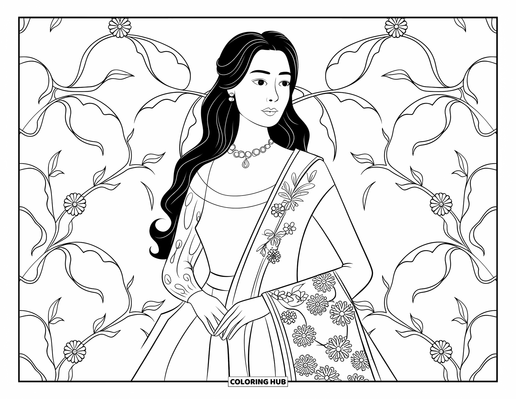 Disegno da colorare di moda femminile per adulti: una donna aggraziata in un Baro't Saya con ricami floreali, che indossa un delicato panuelo