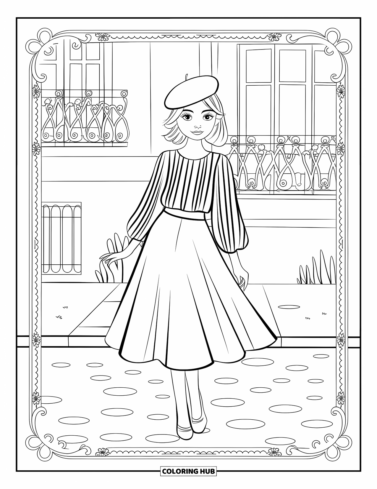 Disegno da colorare di moda per adulti: una ragazza parigina con una gonna fluente, che posa accanto a un edificio con piante in vaso