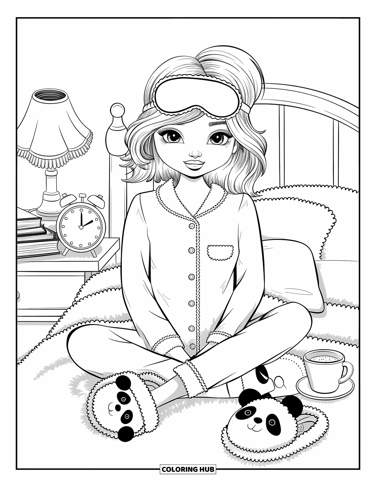 Disegno da colorare di moda per adulti: una ragazza rilassata in un simpatico abbigliamento da casa, sorseggiando cacao sul suo comodo letto