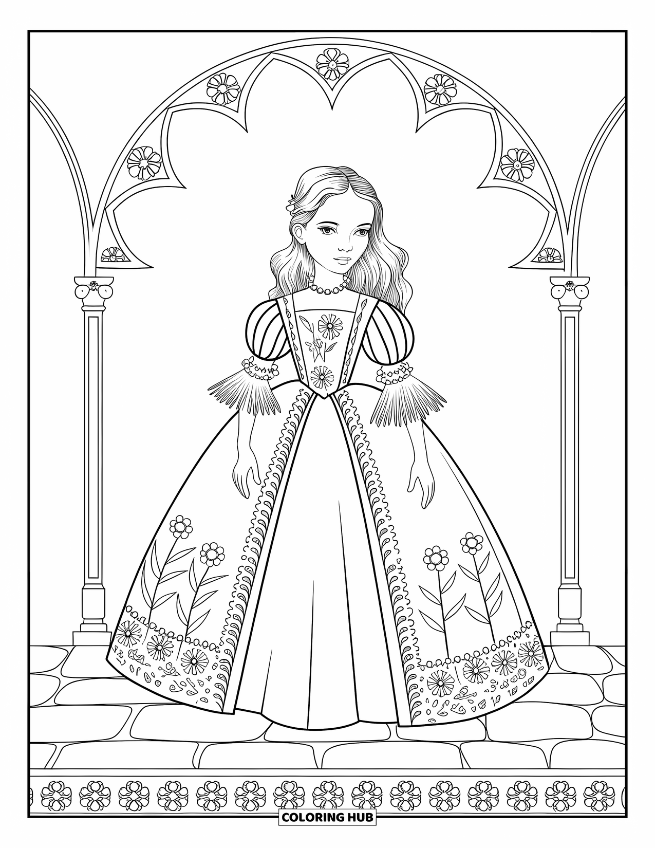 Disegno da colorare di moda femminile per adulti: una donna di ispirazione rinascimentale in un abito di perline, incorniciata da un grande arco