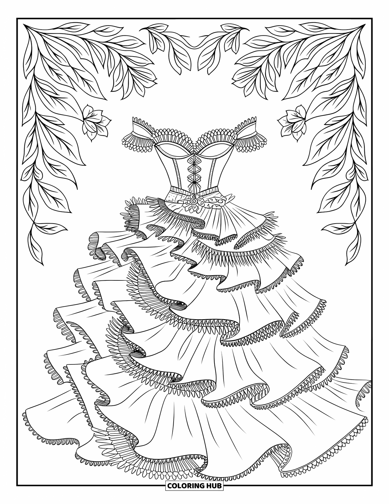 Disegno da colorare di moda per adulti: una modella in passerella con un abito a balze di alta moda con ricami floreali