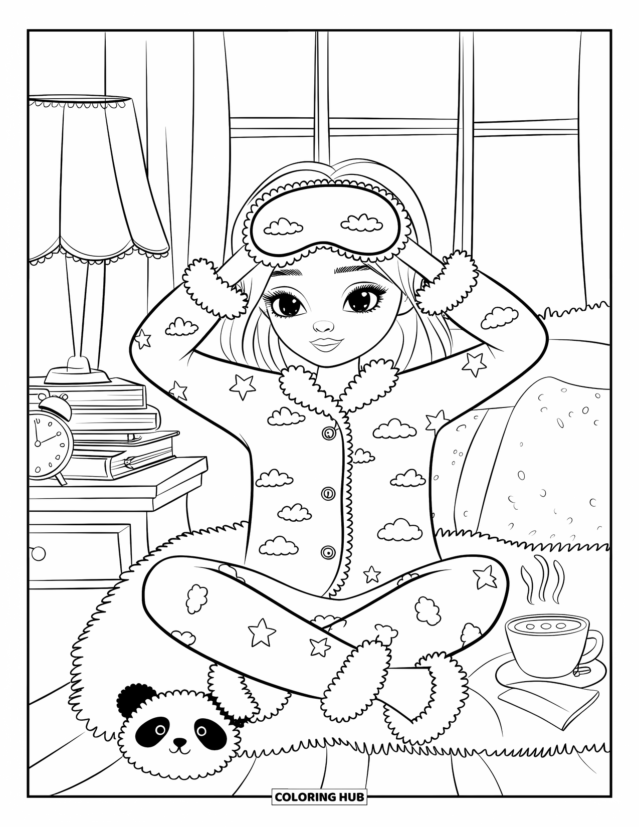 Disegno da colorare di moda per adulti: una ragazza assonnata in pigiama con stampa di nuvole, che si riposa accanto alla sua lampada e ai suoi libri