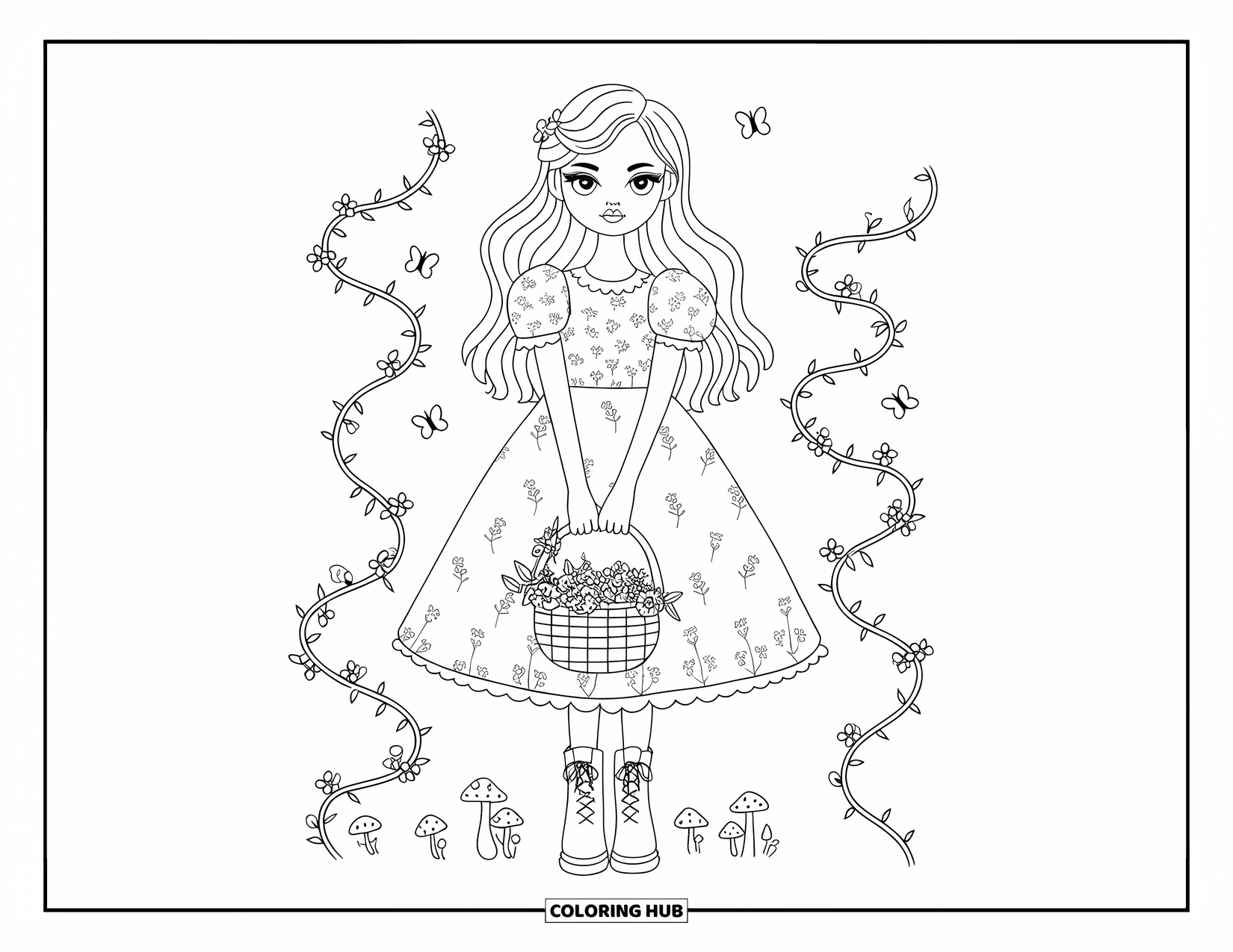 Disegno da colorare di moda per adulti: una ragazza fairycore delicata con un cesto di fiori, in piedi tra funghi e farfalle svolazzanti