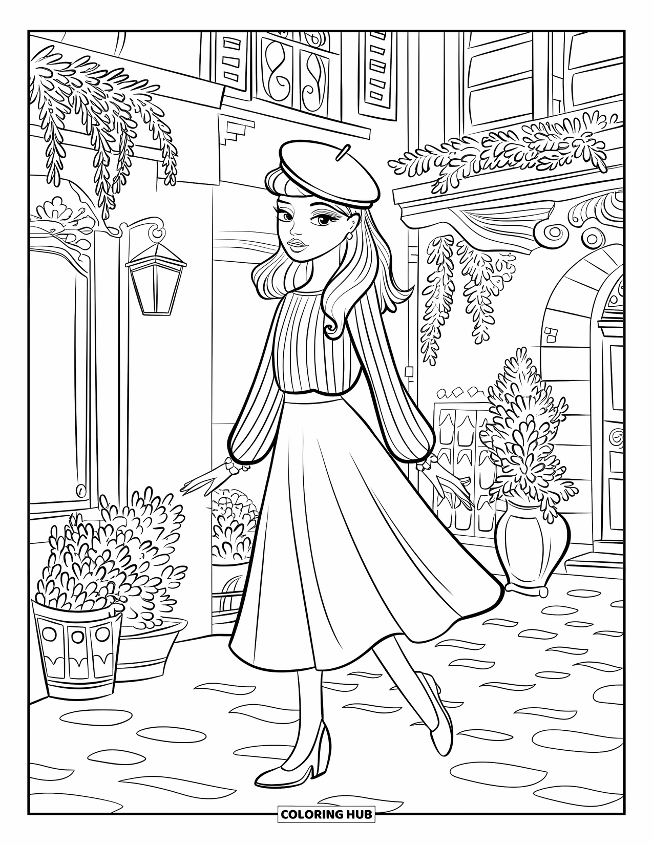 Disegno da colorare di moda per adulti: una ragazza alla moda con un berretto, circondata da intricati dettagli delle strade parigine