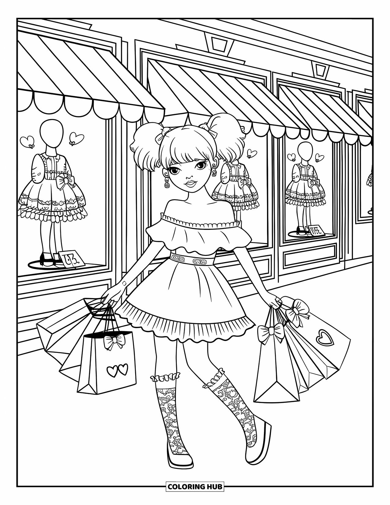 Disegno da colorare di moda per adulti: una ragazza alla moda con maniche a volant e calzini di pizzo, che si gode una giornata di shopping sfrenato