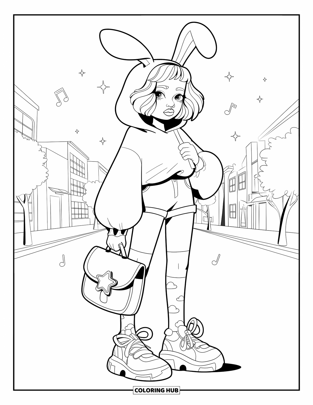 Disegno da colorare di moda per adulti: una ragazza alla moda con una felpa con cappuccio da coniglietto, che porta una cartella, con scintille giocose intorno a lei