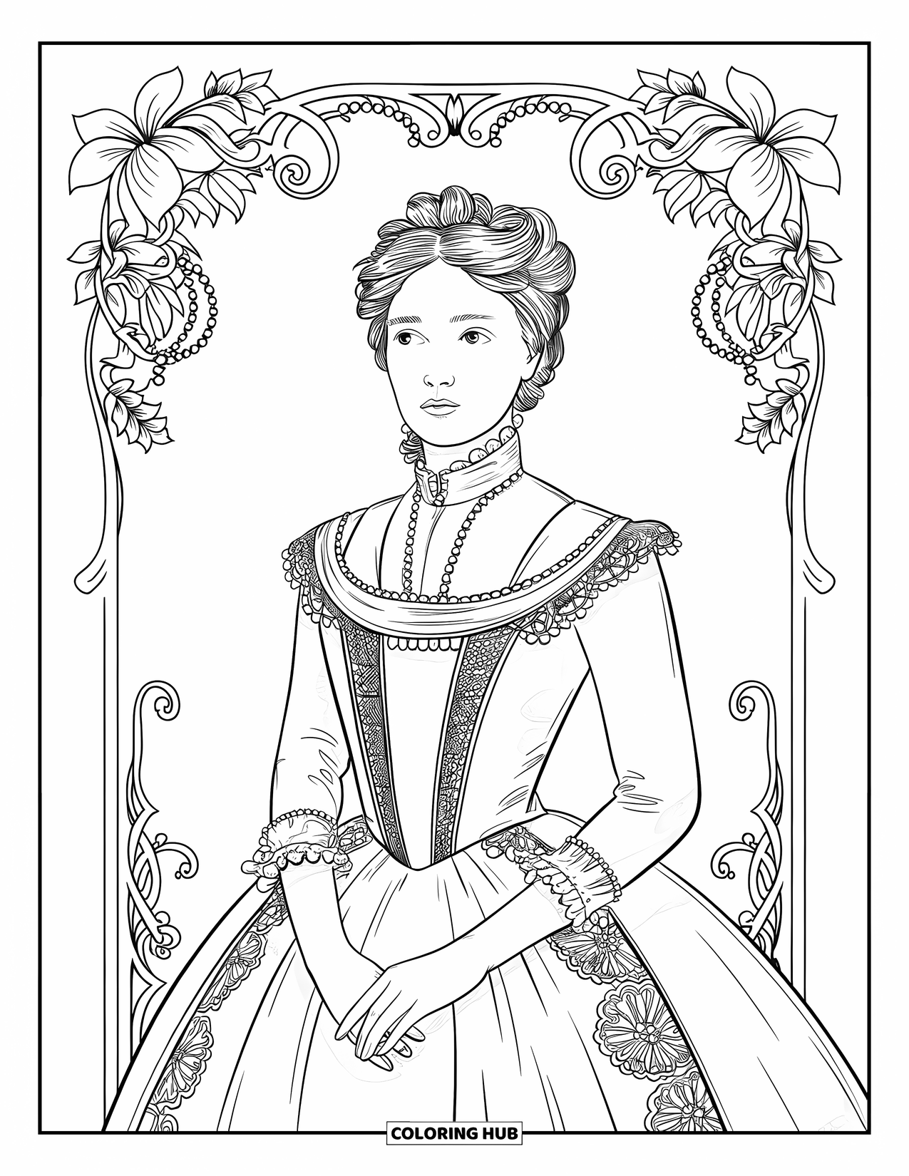 Disegno da colorare di moda per adulti: una donna dell'era vittoriana in un elegante abito di pizzo, incorniciata da volute floreali