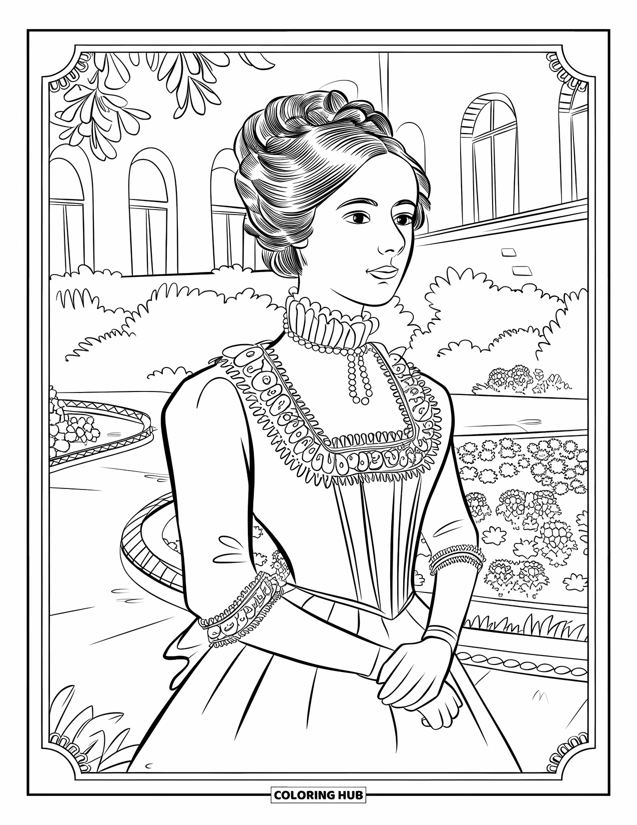Disegno da colorare di moda per adulti: una signora vittoriana in un abito rifinito in pizzo, in piedi in un giardino