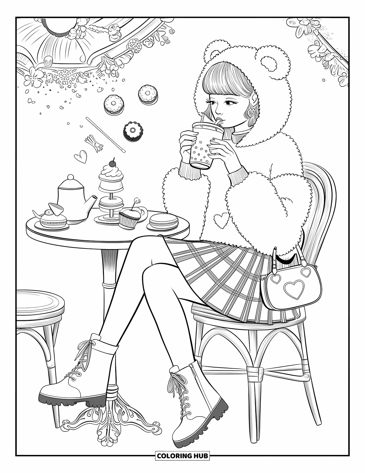 Disegno da colorare di moda per adulti: un ambiente da caffetteria caldo e invitante con pasticcini, tè e affascinanti decorazioni