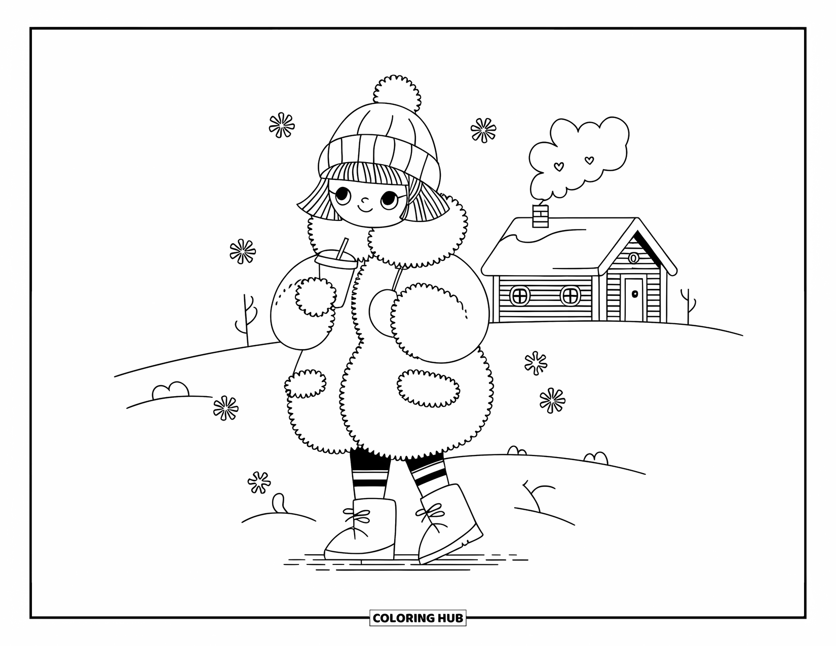 Disegno da colorare di moda per adulti: una ragazza invernale con un cappotto con pompon e un berretto, circondata da fiocchi di neve a forma di cuore