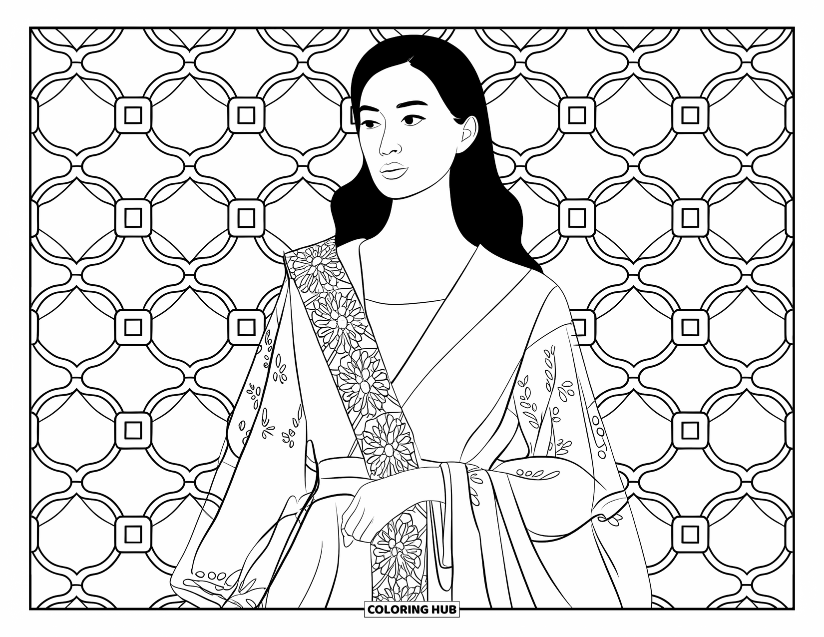 Disegno da colorare di moda femminile per adulti: una donna in un Baro't Saya con maniche velate, in piedi su uno sfondo a motivi