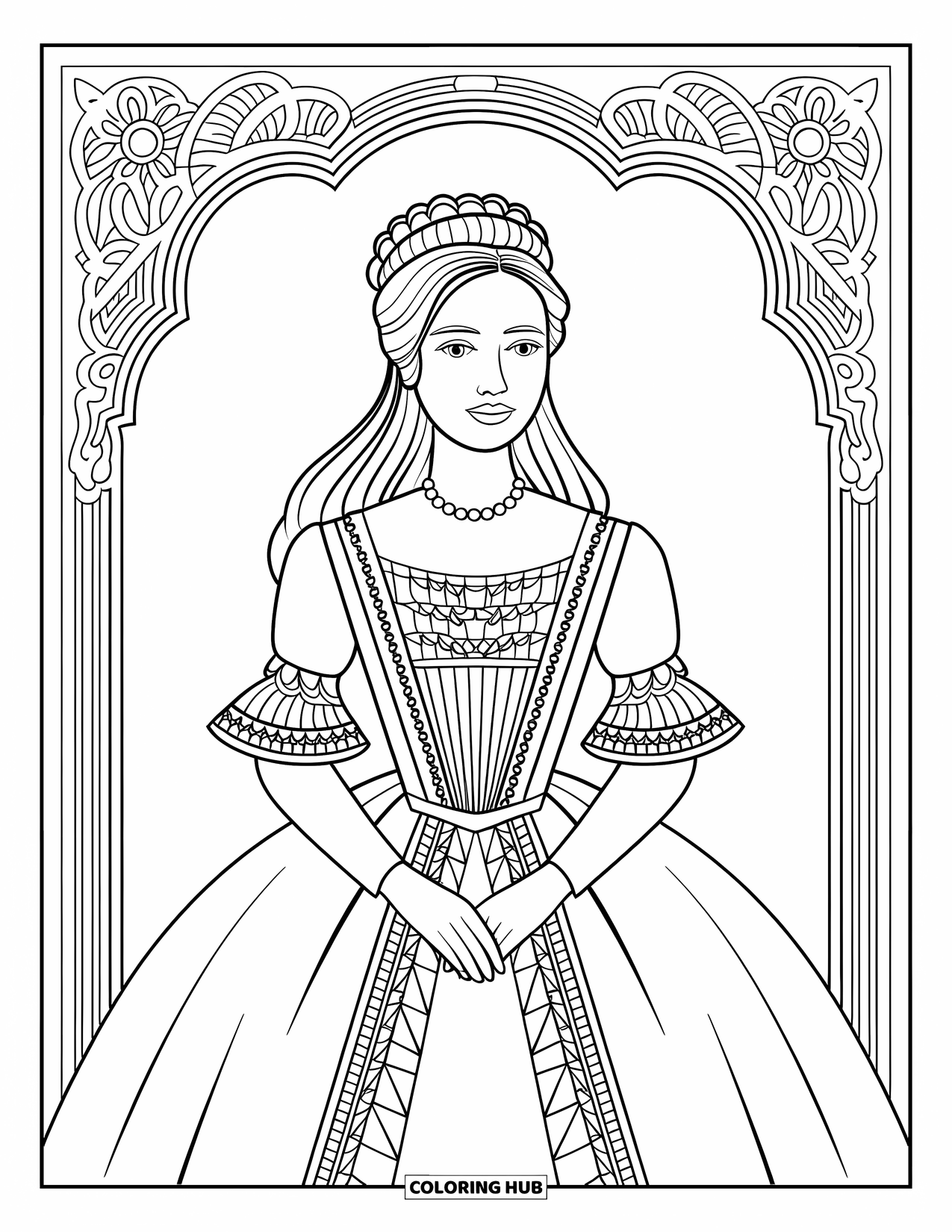 Disegno da colorare di moda per adulti: una donna in un abito vittoriano con perle, circondata da motivi intricati