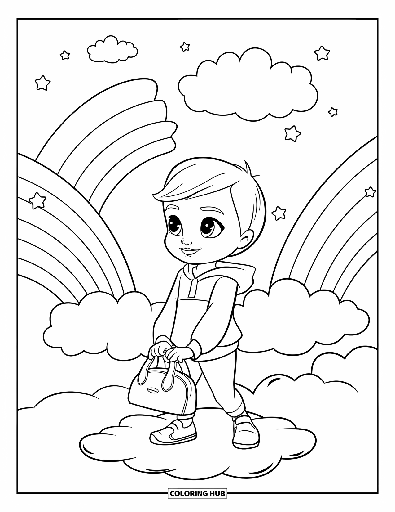 Disegno da colorare di moda per ragazze: un bambino allegro con una comoda felpa con cappuccio e scarpe da ginnastica si gode un ambiente luminoso e colorato