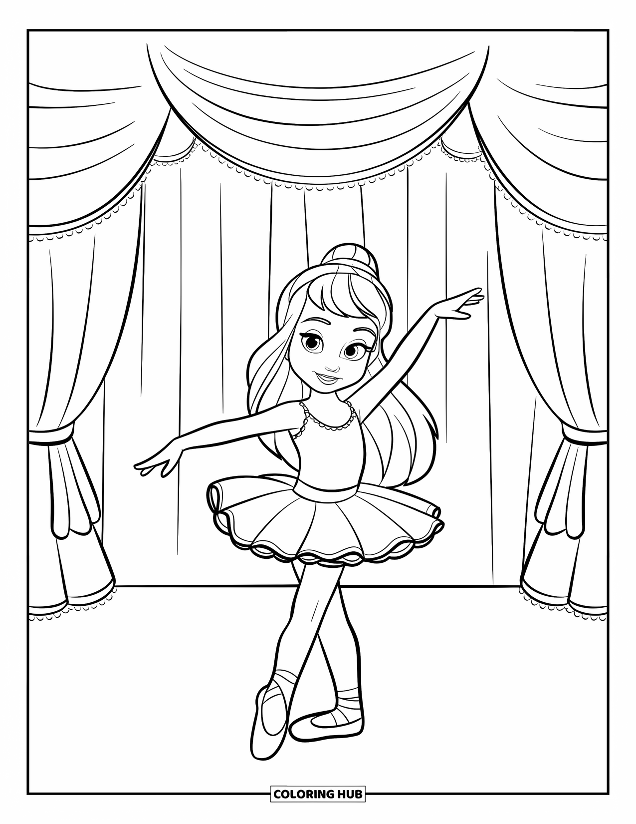 Disegno da colorare di moda per ragazze: una ragazza allegra con un abito da ballo si gode un momento di movimento su una pista da ballo elegante