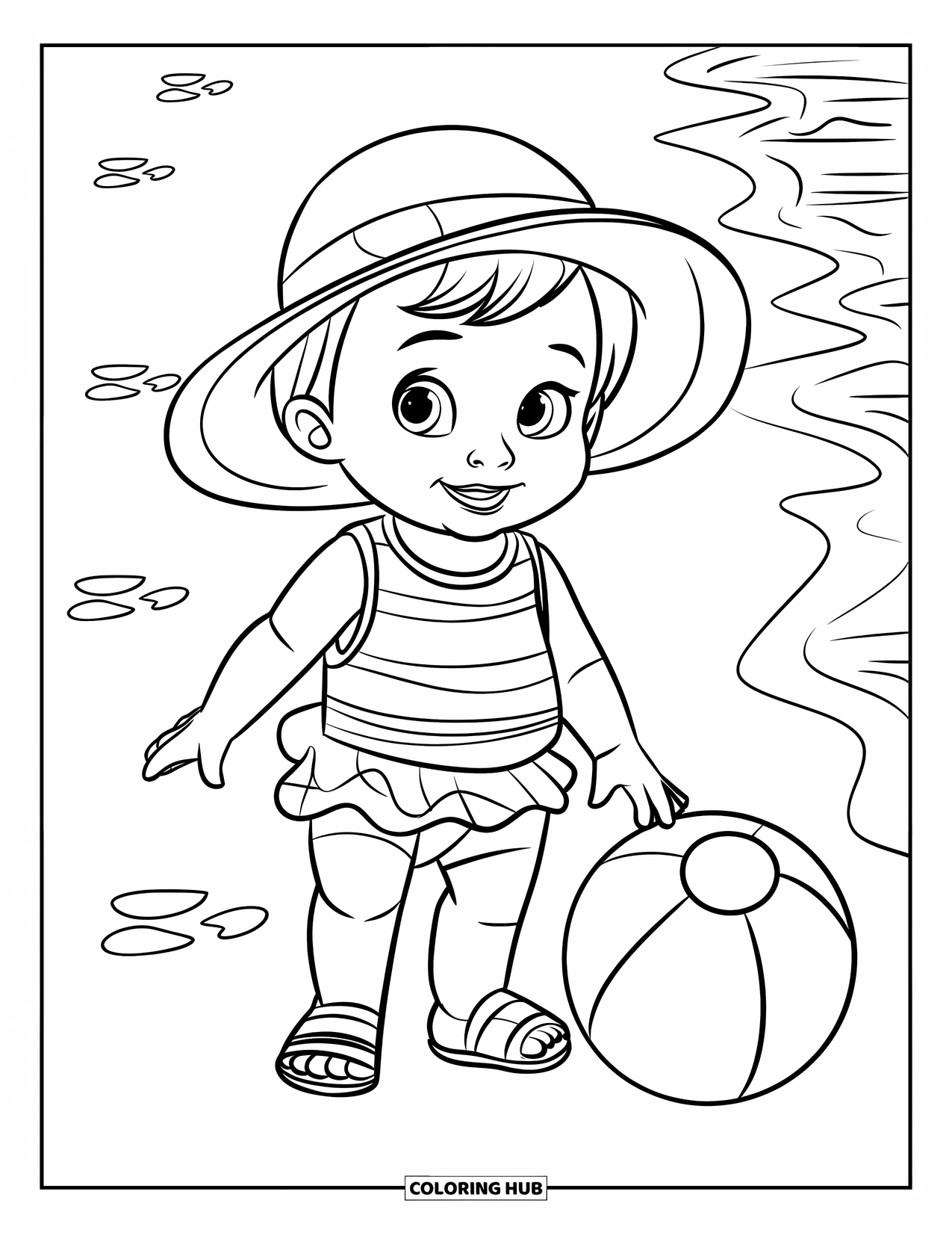 Disegno da colorare di moda per ragazze: una giovane bambina allegra con un vestito estivo si gode una giornata luminosa in un divertente ambiente da spiaggia