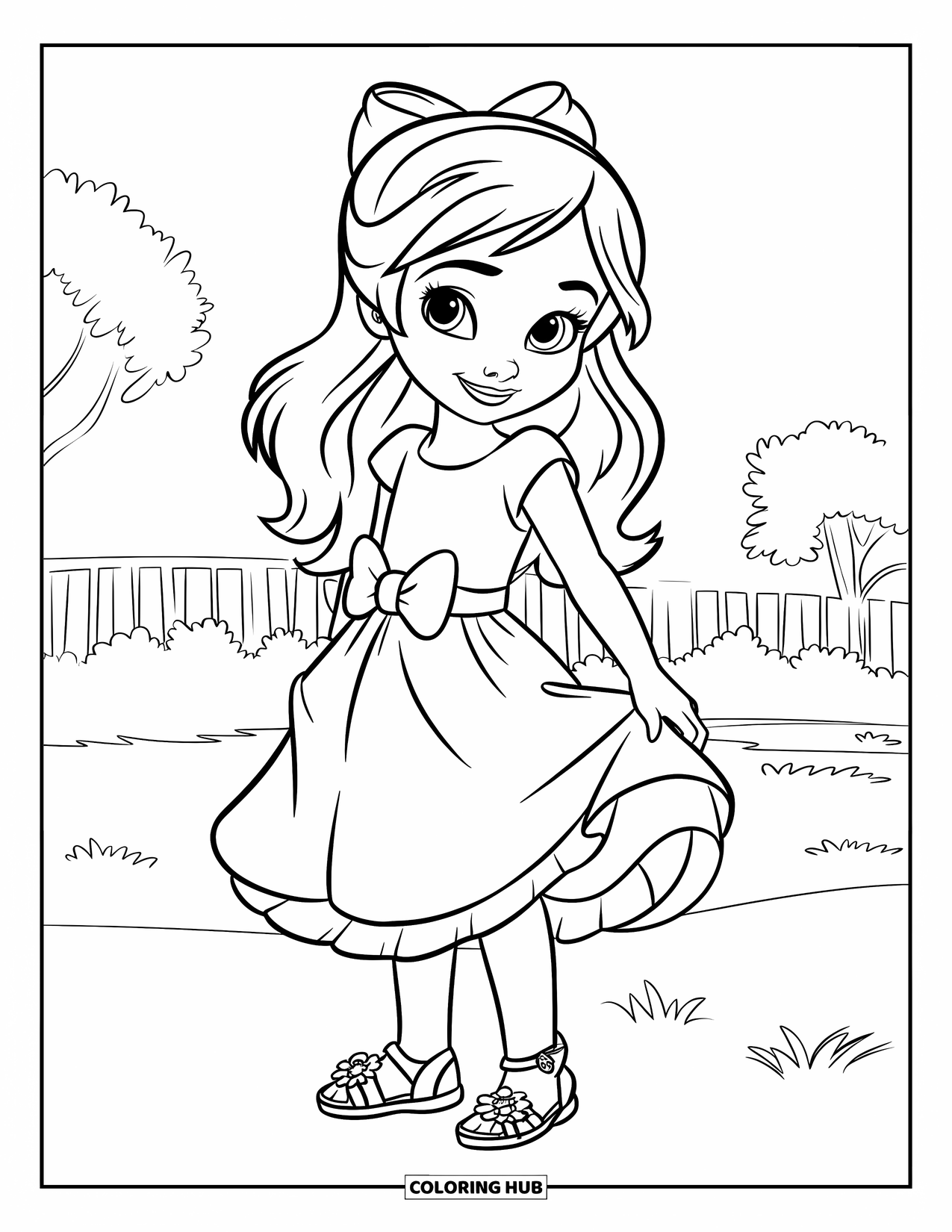 Disegno da colorare di moda per ragazze: una giovane ragazza allegra con un abito floreale volteggia felicemente in un bellissimo e caldo ambiente esterno