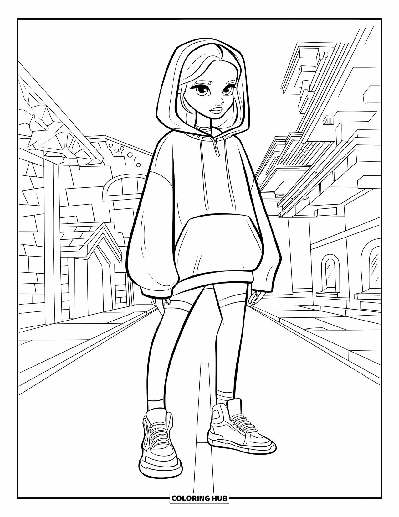 Disegno da colorare di moda per ragazze: una ragazza sicura di sé con una felpa con cappuccio streetwear e pantaloncini posa di fronte a un paesaggio urbano dinamico