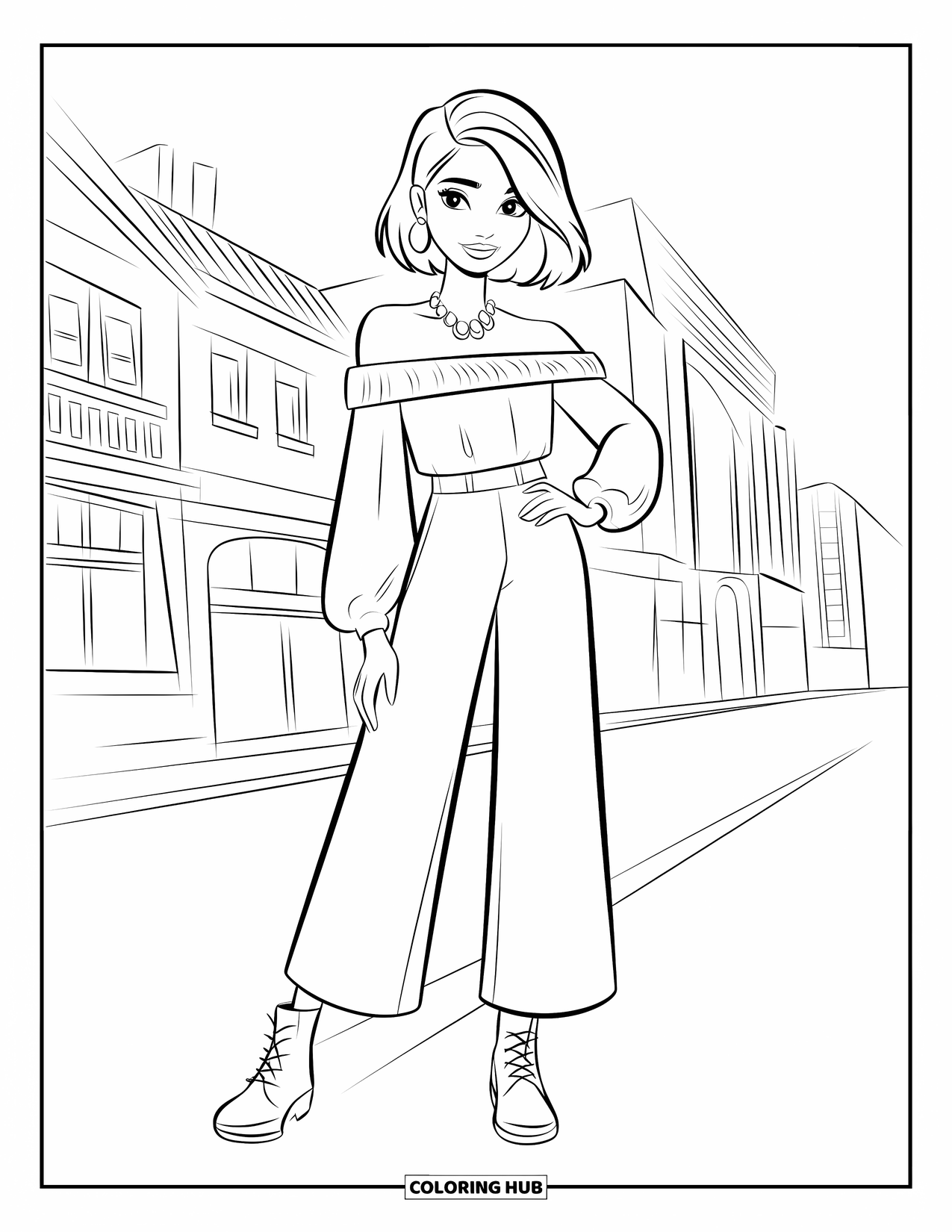 Disegno da colorare di moda per ragazze: una donna sicura di sé con un elegante top con spalle scoperte e stivaletti cammina con grazia per la città