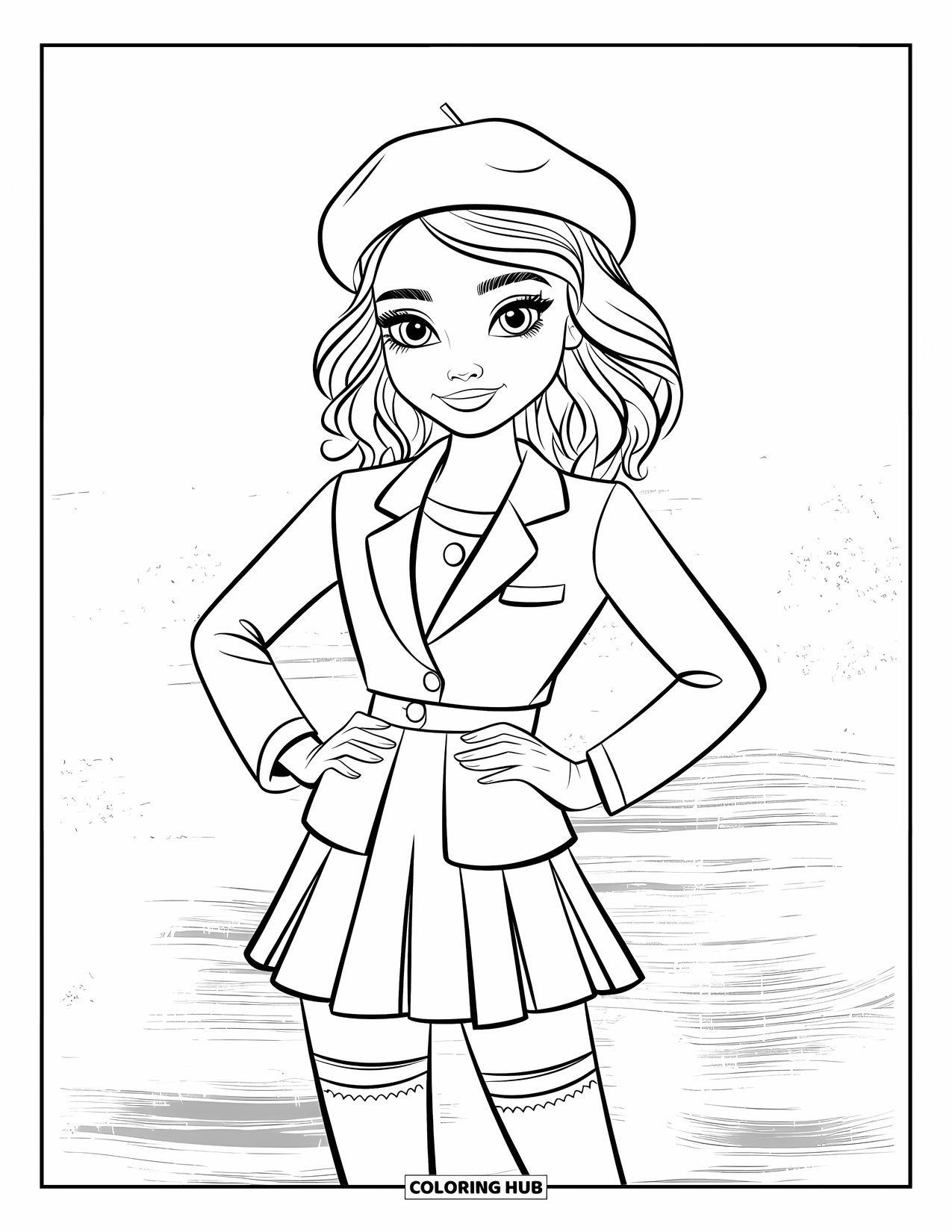 Disegno da colorare di moda per ragazze: una ragazza alla moda con un blazer e calze è in piedi con sicurezza con un affascinante paesaggio urbano alle sue spalle