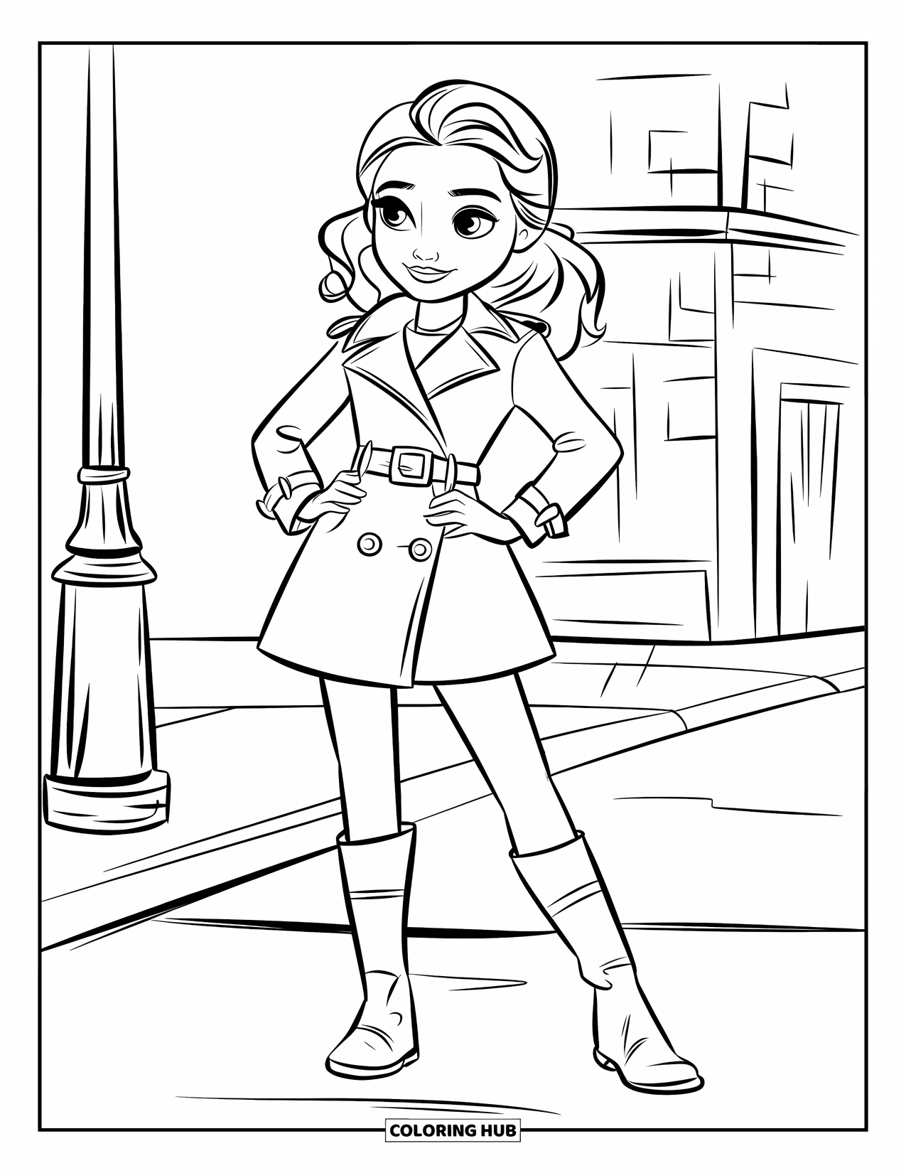 Disegno da colorare di moda per ragazze: una ragazza alla moda con un trench e stivali si gode una piacevole passeggiata in un quartiere tranquillo