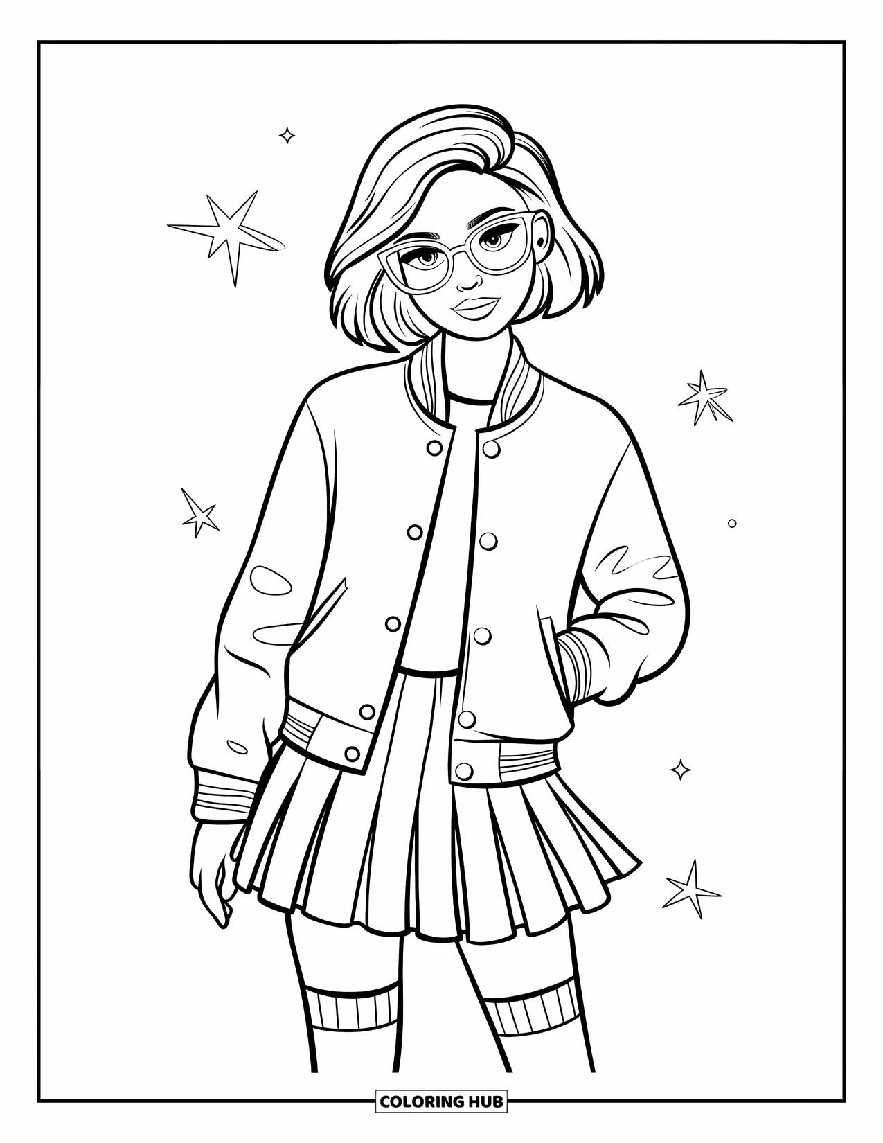 Disegno da colorare di moda per ragazze: un'adolescente alla moda con una giacca varsity, una gonna a pieghe e calzini al ginocchio posa con sicurezza