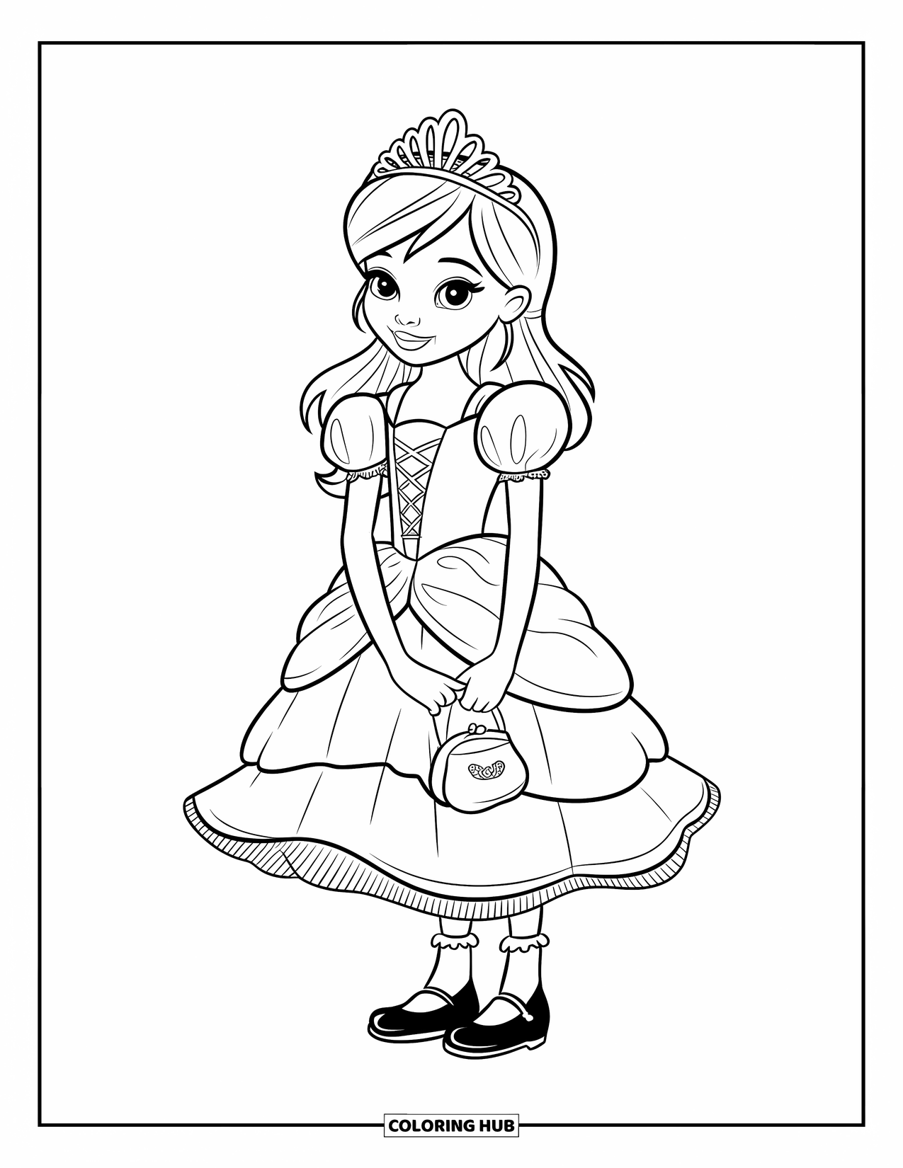 Disegno da colorare di moda per ragazze: una giovane ragazza alla moda con un abito ispirato alle fiabe è in piedi con grazia in uno sfondo da sogno