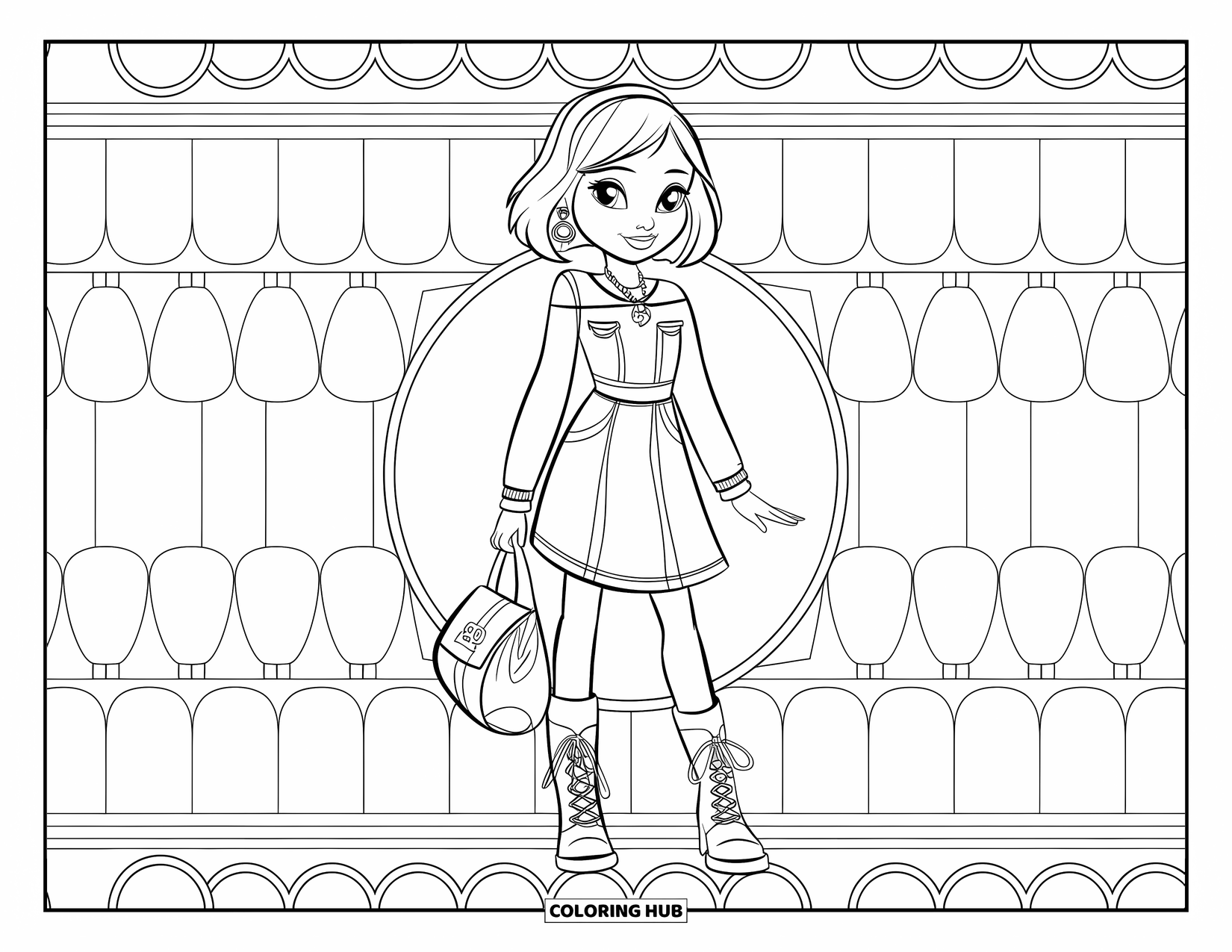 Disegno da colorare di moda per ragazze: una giovane donna alla moda con un abito di jeans posa con grazia in un elegante ambiente esterno