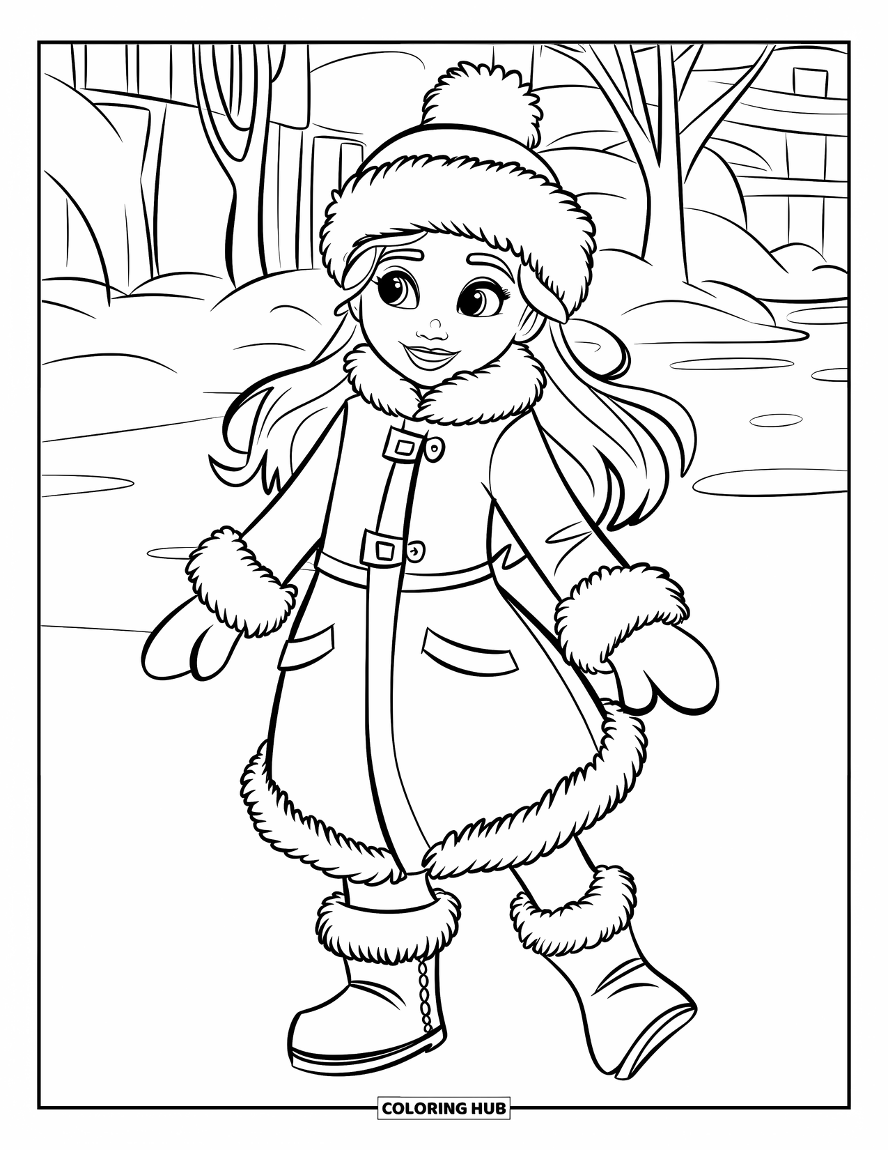 Disegno da colorare di moda per ragazze: una giovane donna alla moda con un accogliente abbigliamento invernale si gode un ambiente innevato affascinante e tranquillo