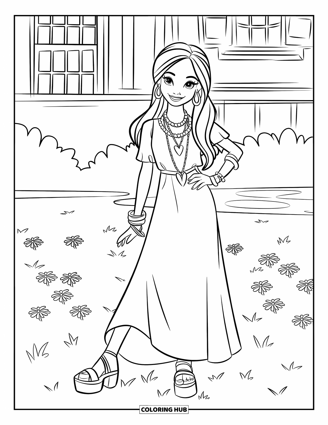 Disegno da colorare di moda per ragazze: una ragazza dallo spirito libero con un abito fluente e occhiali da sole passeggia in un ambiente floreale da sogno