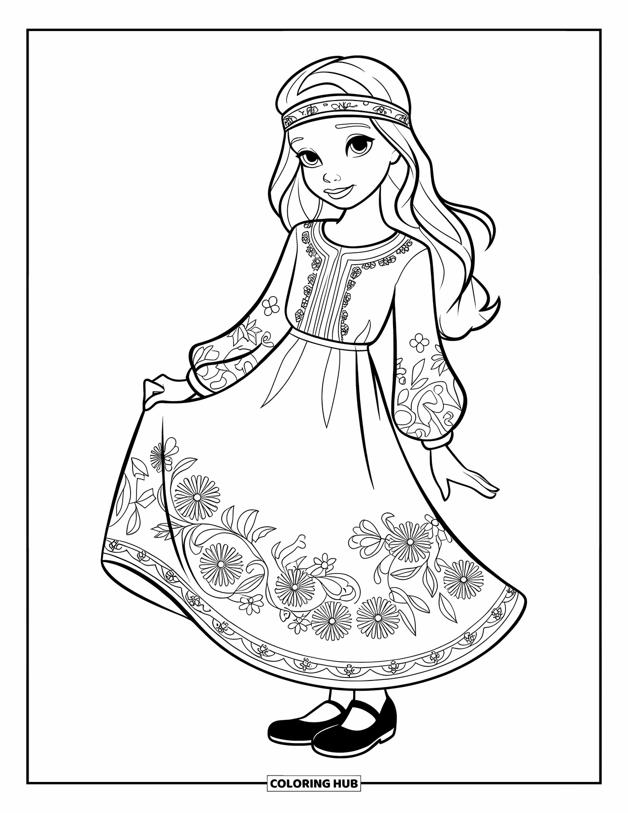 Disegno da colorare di moda per ragazze: una ragazza dallo spirito libero con un abito fluente e una fascia per capelli posa in un ambiente esterno tranquillo