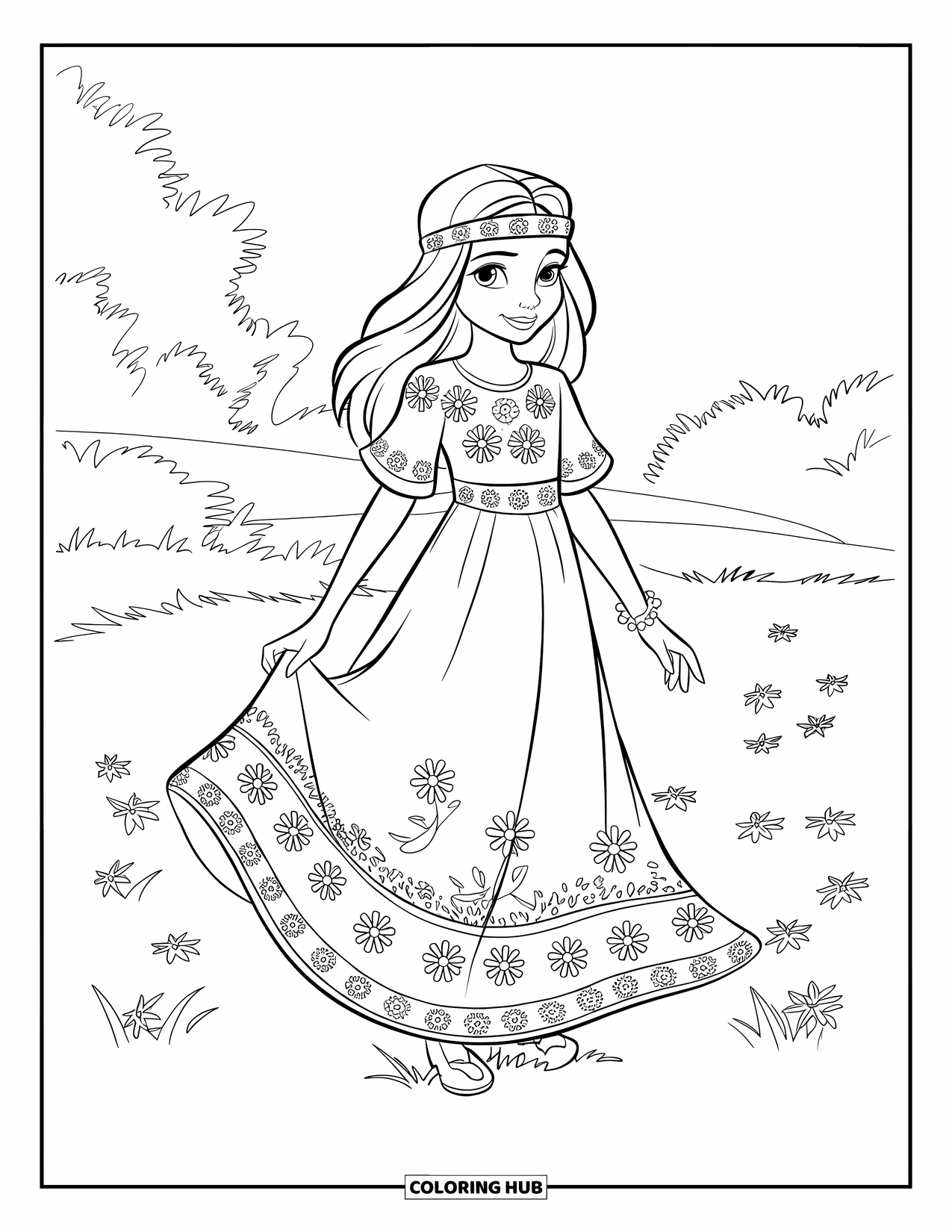 Disegno da colorare di moda per ragazze: una ragazza con un abito bohémien con motivi floreali e una fascia abbinata si gode la natura