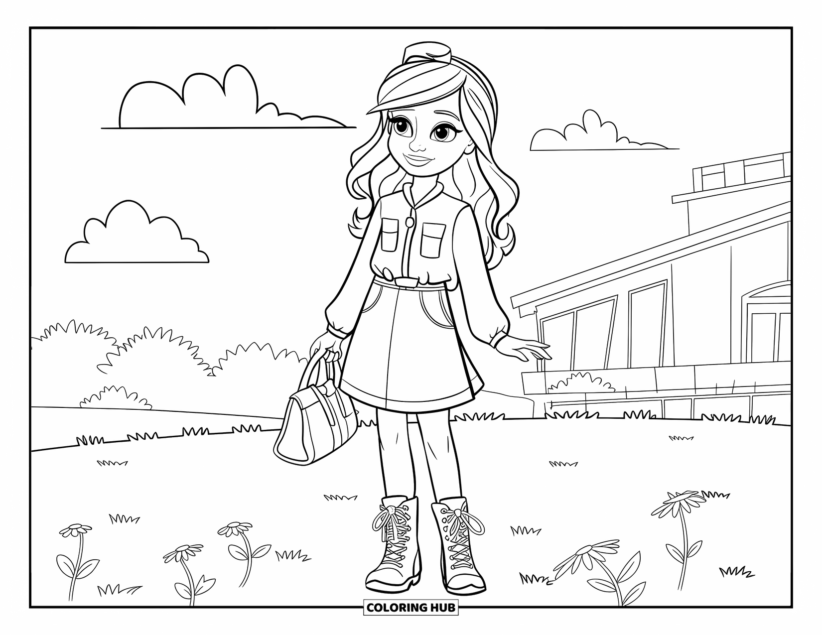 Disegno da colorare di moda per ragazze: una ragazza con un abito di jeans con stivali stringati e una borsetta si gode una tranquilla passeggiata all'aperto