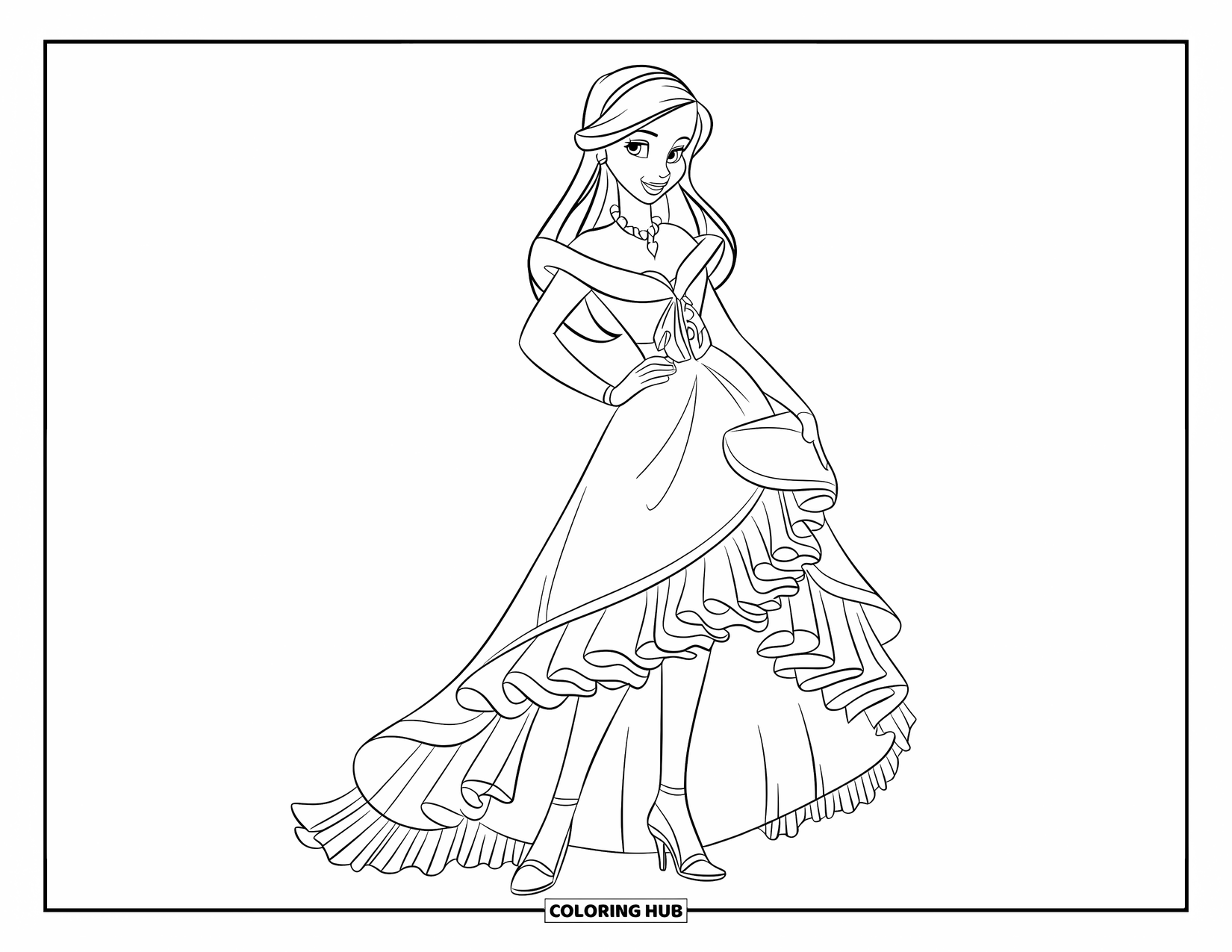 Disegno da colorare di moda per ragazze: una ragazza in un abito glamour con intricati volant e tacchi è in piedi con eleganza e compostezza