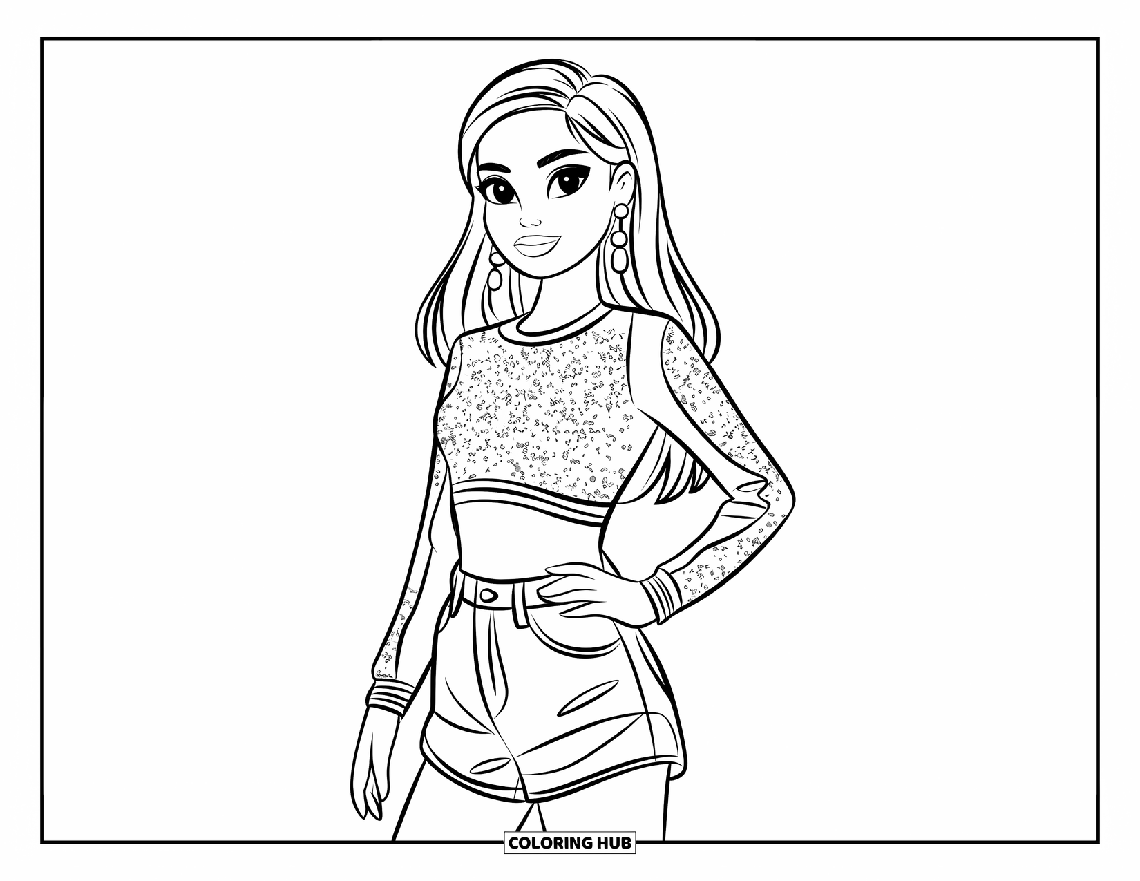 Disegno da colorare di moda per ragazze: una ragazza con un abito ispirato al K-pop posa con sicurezza con un top corto alla moda e pantaloncini a vita alta