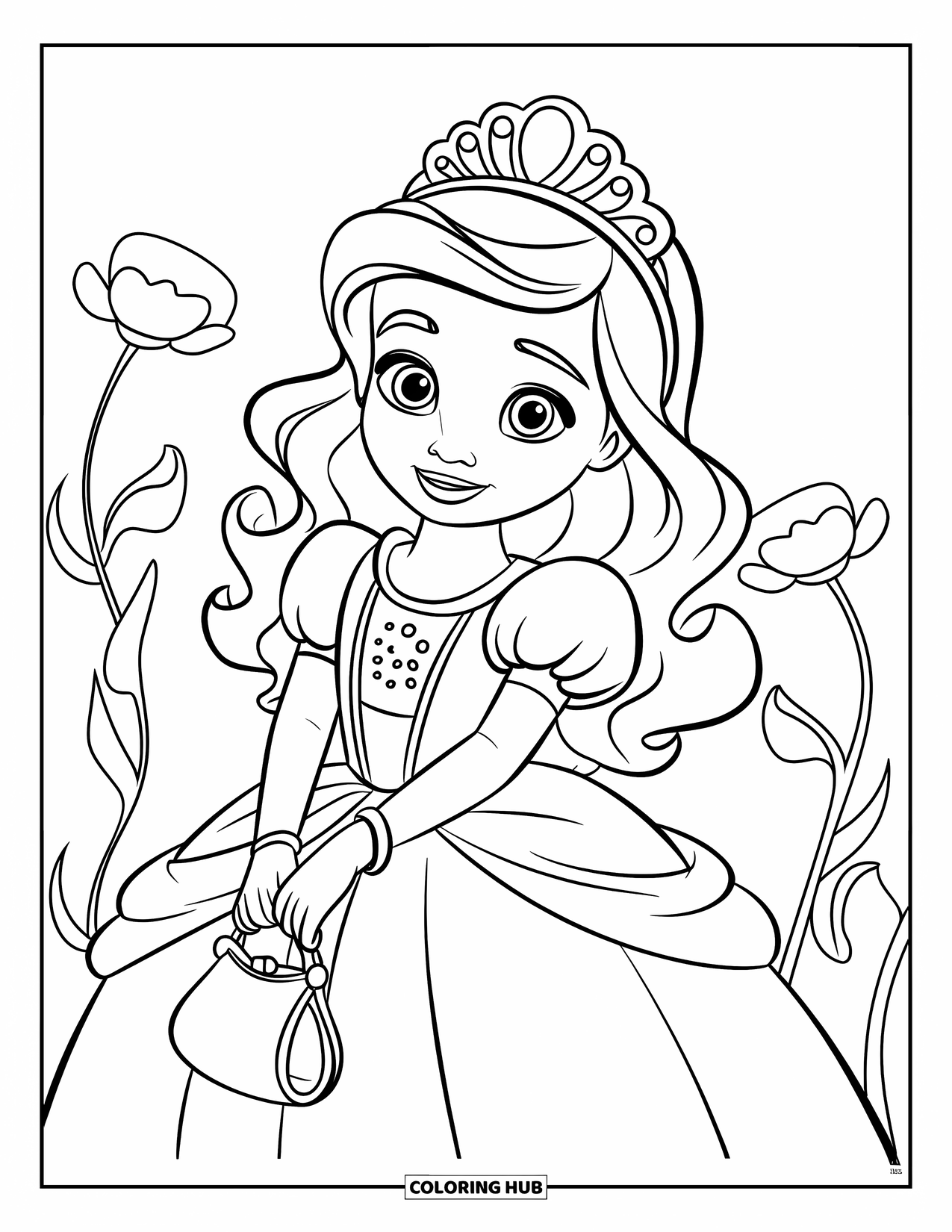 Disegno da colorare di moda per ragazze: una ragazza con un abito da principessa e accessori delicati posa elegantemente in un'affascinante scena da favola