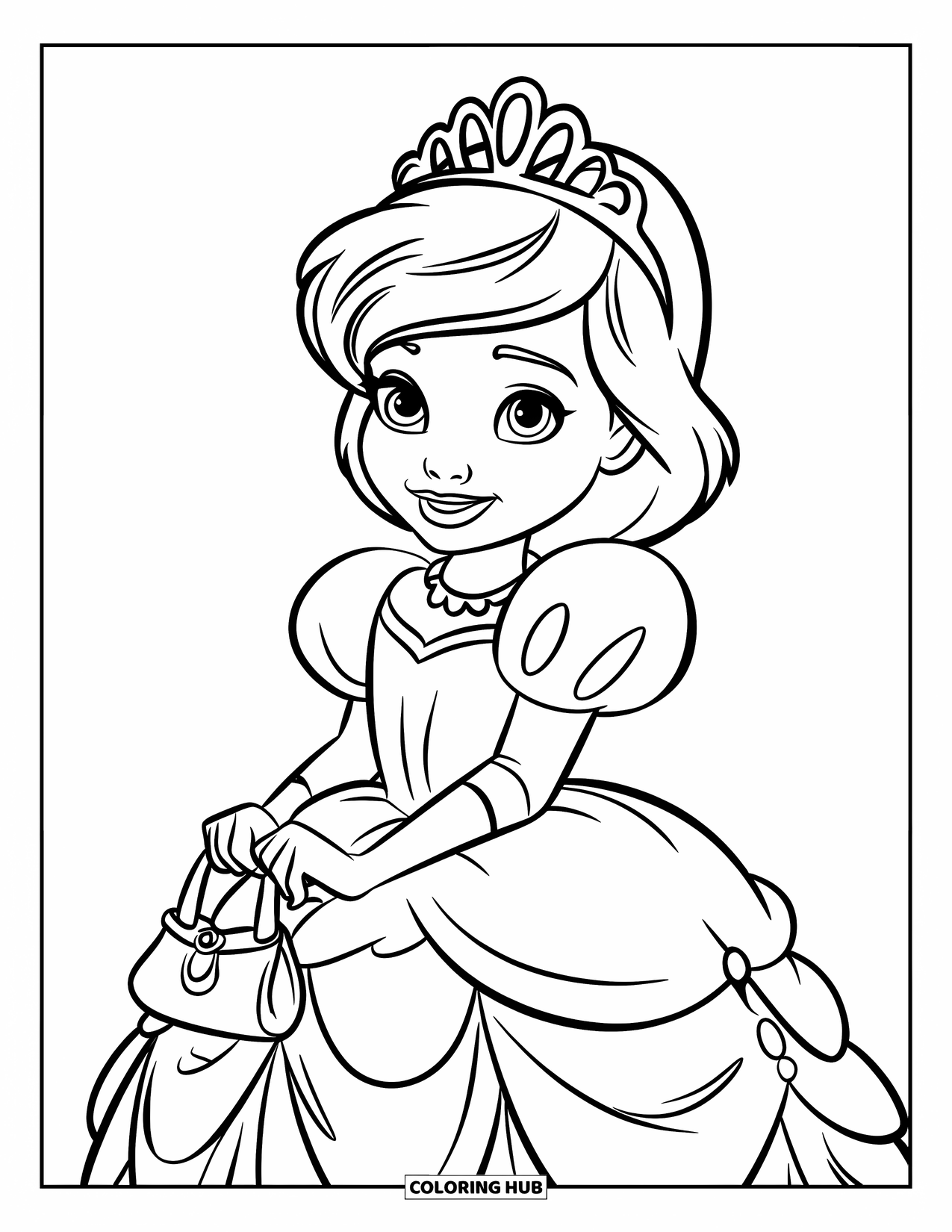 Disegno da colorare di moda per ragazze: una ragazza con un abito da principessa e un diadema tiene in mano una piccola borsetta, irradiando fascino ed eleganza