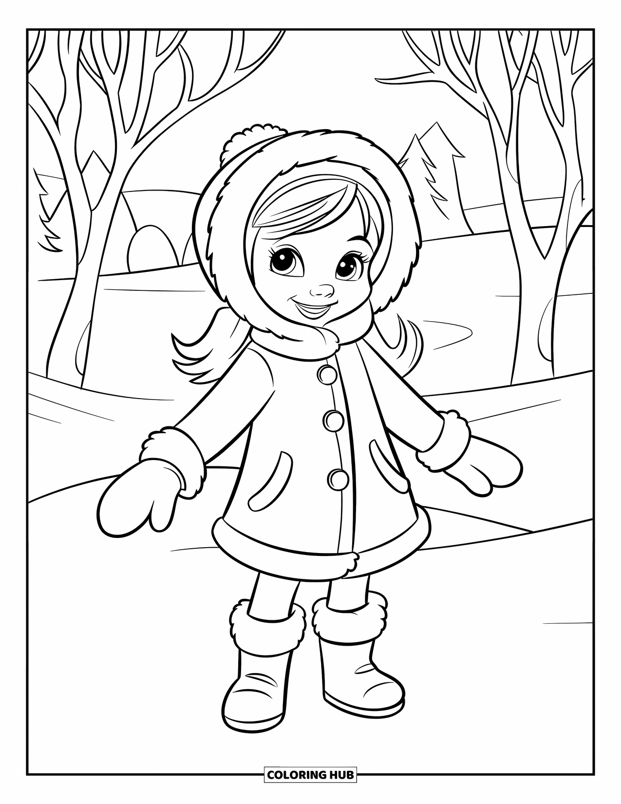 Disegno da colorare di moda per ragazze: una ragazza con un cappotto e stivali alla moda è in piedi al caldo su uno sfondo di neve che cade dolcemente