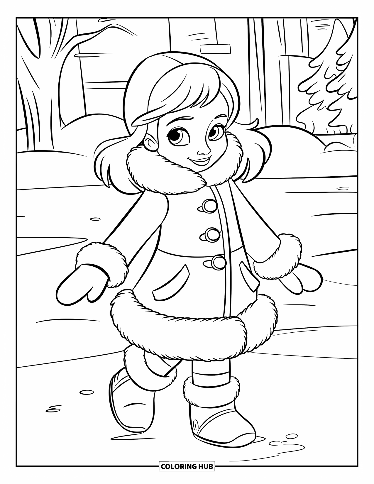 Disegno da colorare di moda per ragazze: una ragazza con un cappotto invernale con maniche e guanti soffici è in piedi felicemente in un paesaggio innevato