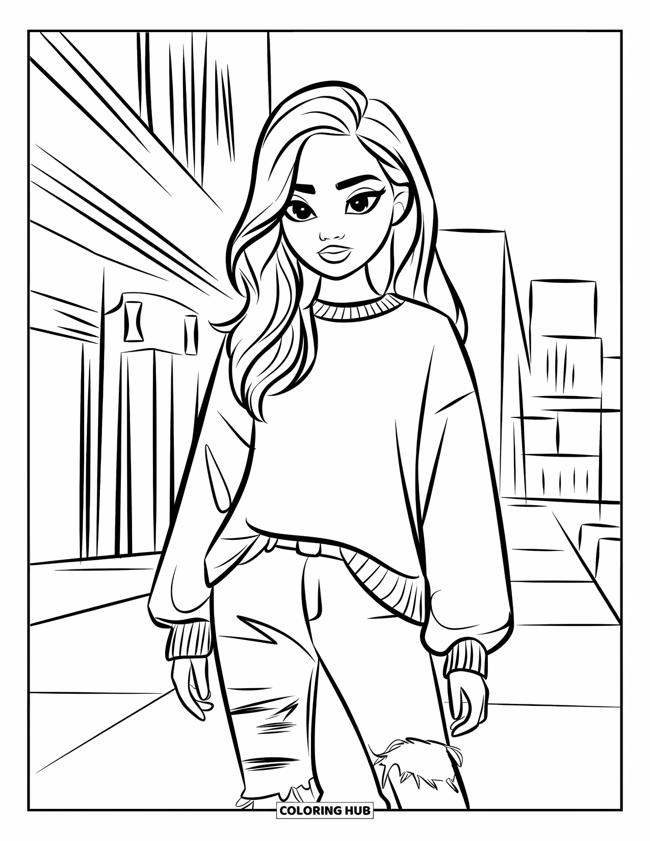 Disegno da colorare di moda per ragazze: una ragazza con un maglione oversize e jeans strappati posa con sicurezza in una vivace strada cittadina